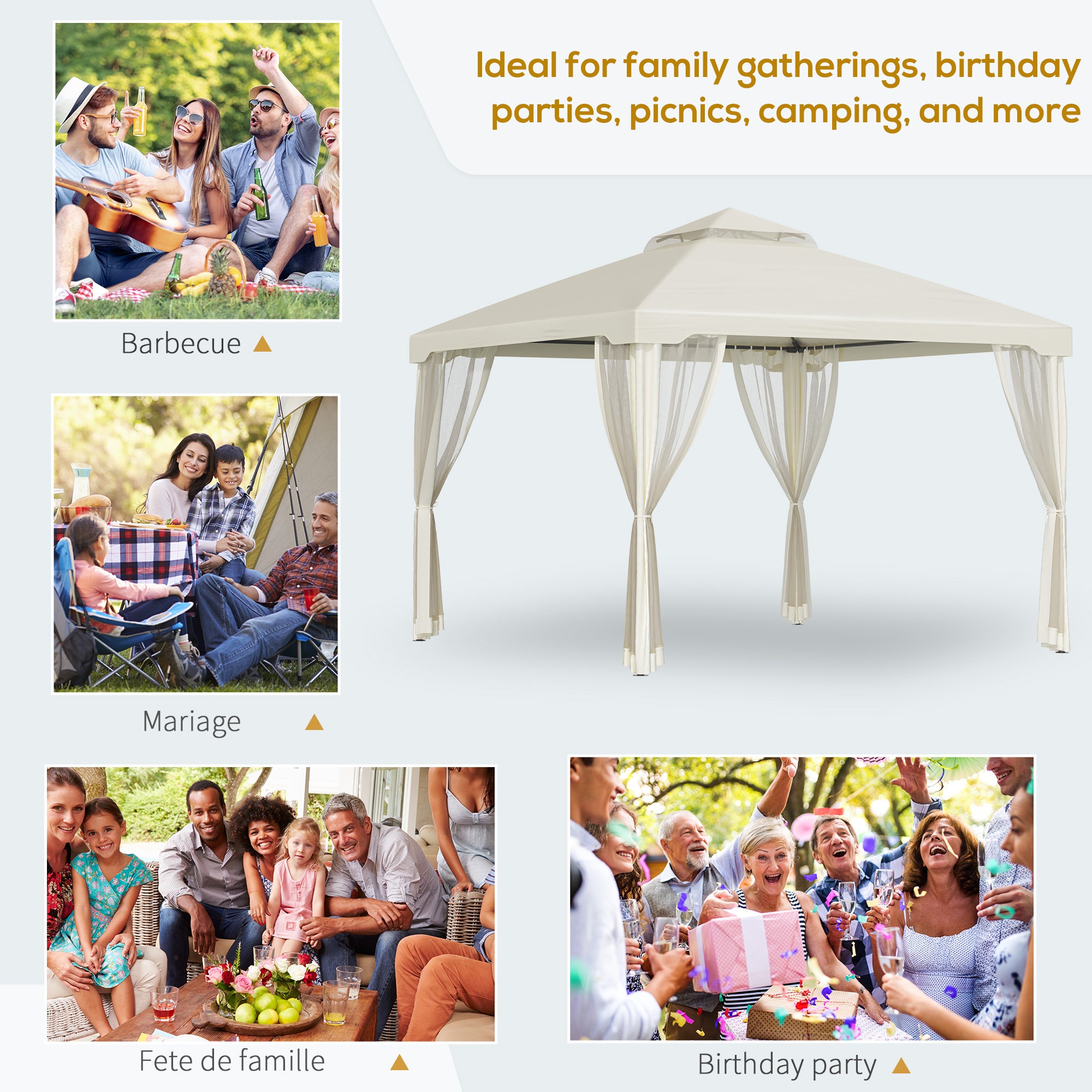 10' x 10' Patio Gazebo Pavilion, 2-Tier Roof Canopy Outdoor Shelter with Steel Frame and Mosquito Netting for Garden, Yard and Outdoor Events, Cream White