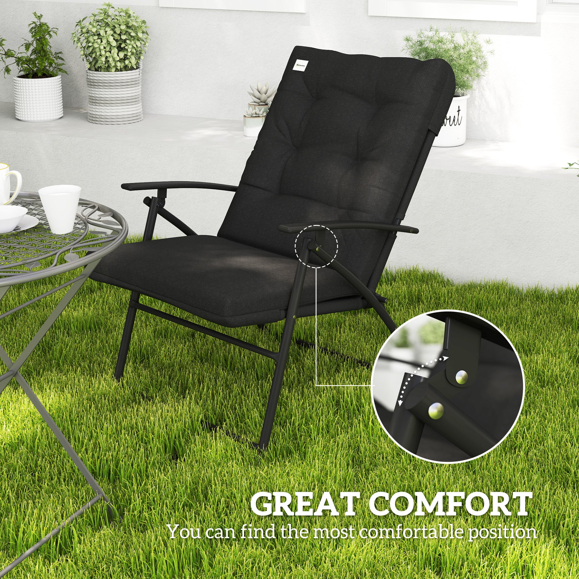 Set of 2 Outdoor Folding Chairs with Adjustable Backrest, Padded Camping Chairs for Outdoor Events, Black