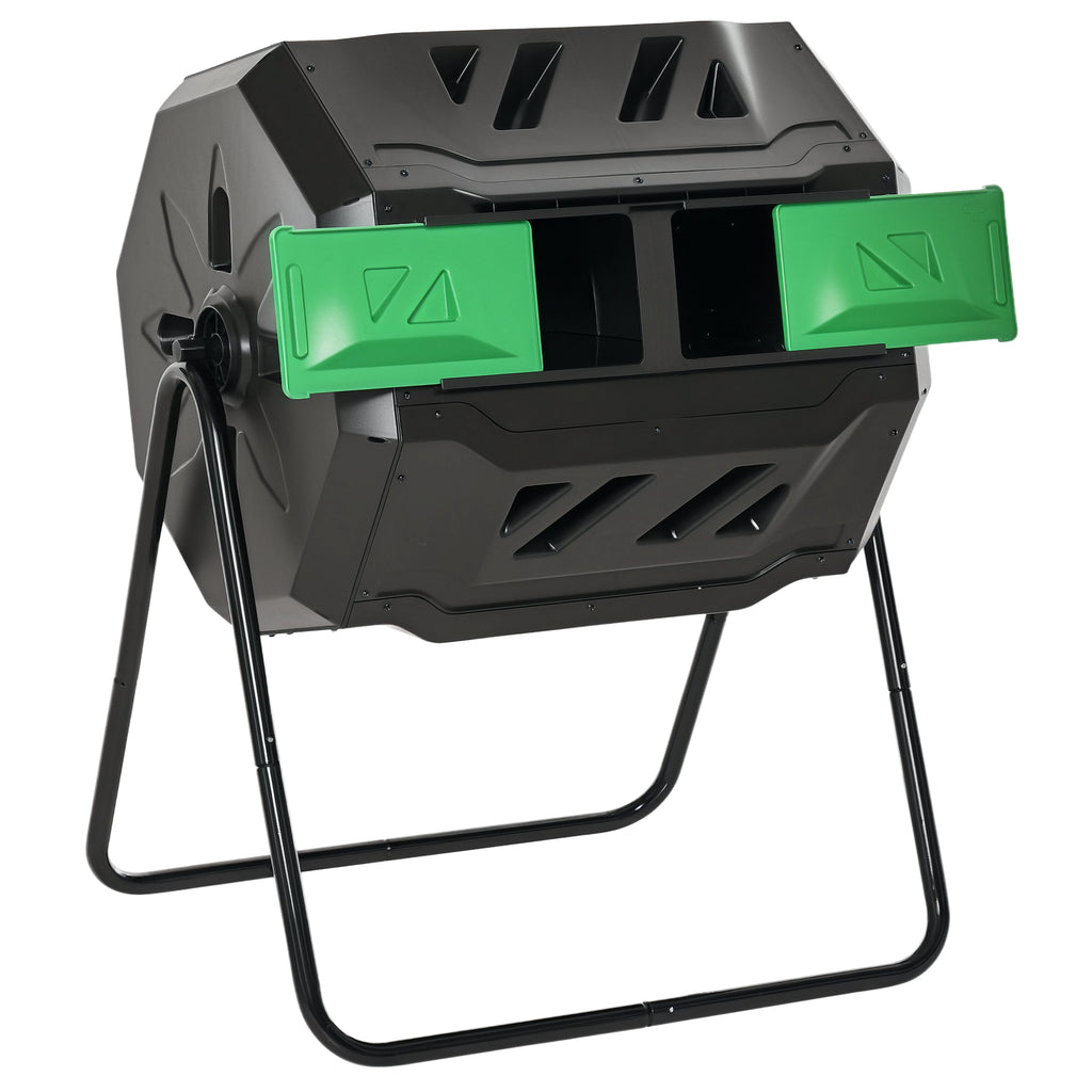 Tumbling Compost Bin Outdoor Dual Chamber 360Â° Rotating Composter 43 Gallon w/ Sliding Doors & Solid Steel Frame, Green