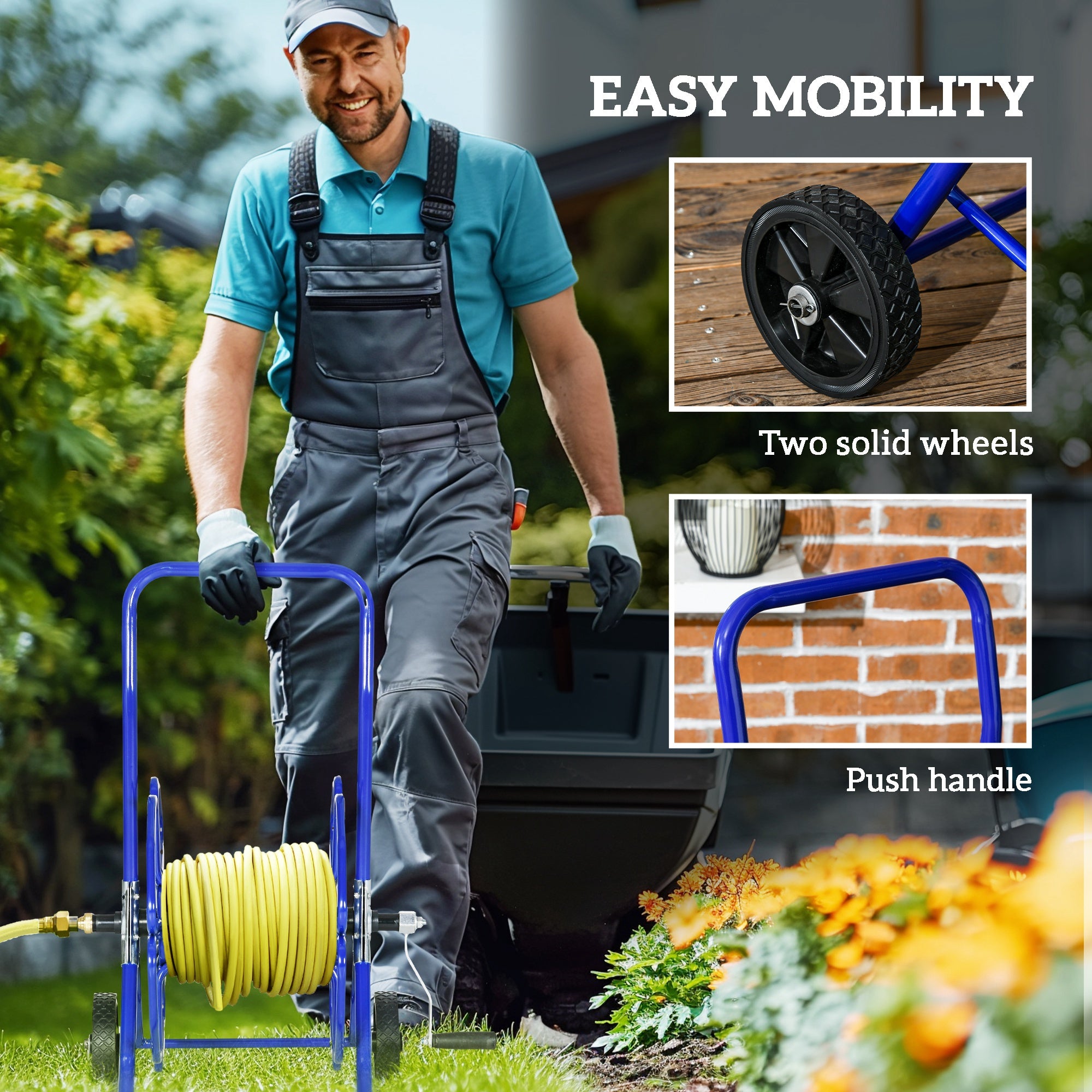 98 ft of 5/8" Hose Reel Cart (Hose Not Included), Garden Water Hose Carts with Wheels for Yard, Lawn, Blue