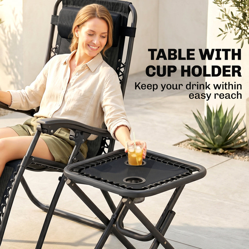 Zero Gravity Chair Set of 2 Patio Chair with Side Table Cupholders and Pillows for Pool, Backyard, Lawn, Black