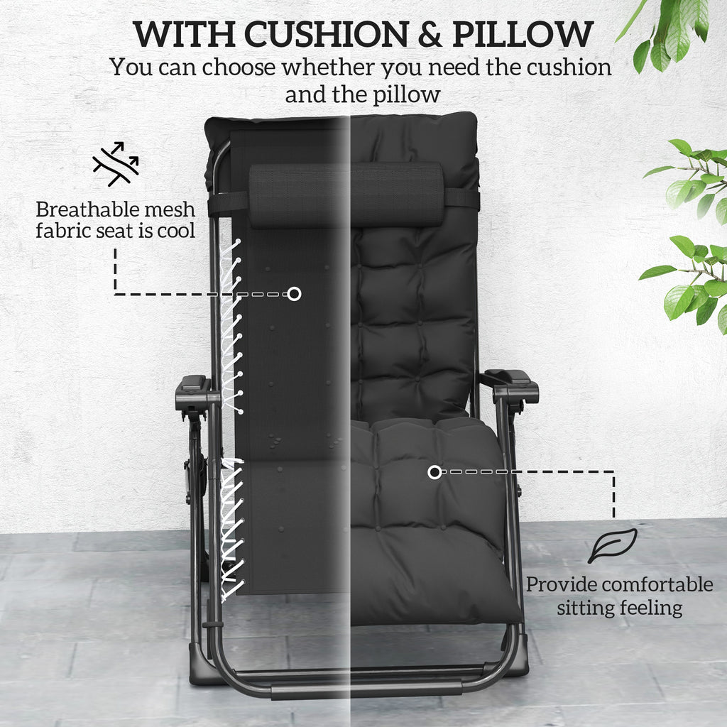 Folding Garden Chair, Reclining Zero Gravity Chair, Sun Lounger with Cushion and Headrest, Black