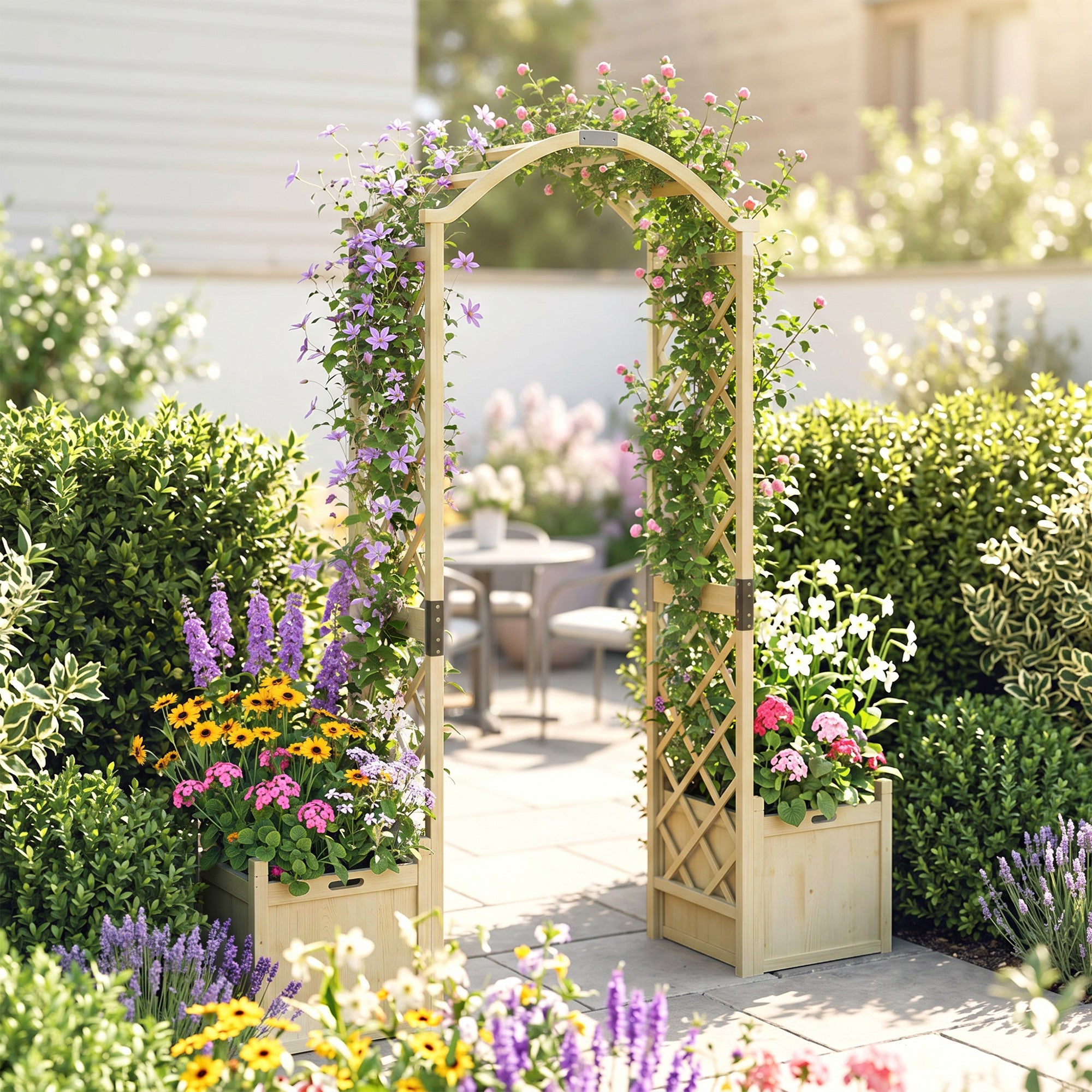 Wooden Garden Arch with 2 Planter Boxes, Arch Trellis for Climbing Plants, Decorative Arbor Archway, Natural Wood