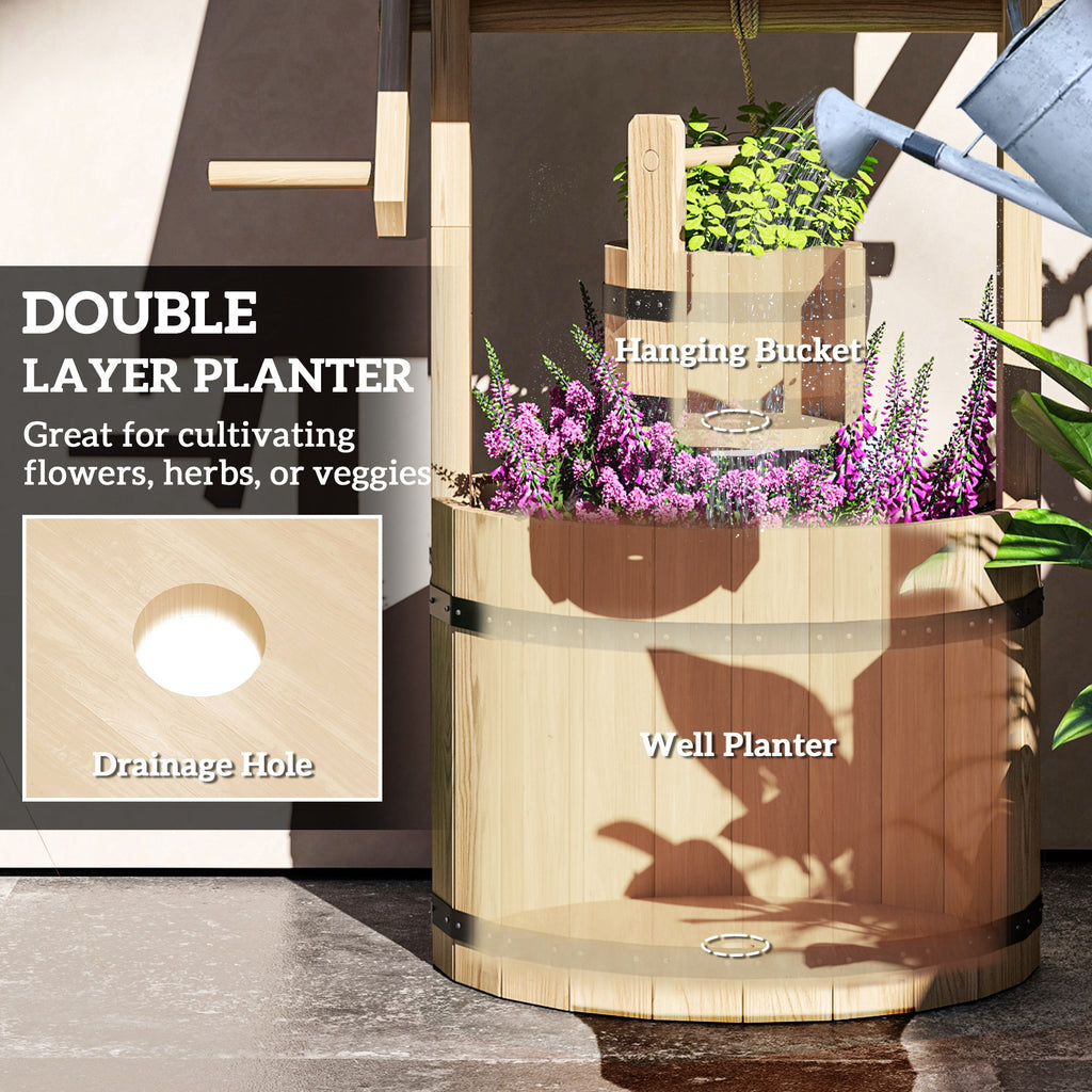 Wood Wishing Well Outdoor Wooden Planter with Hanging Bucket and Drainage Hole for Garden, Patio, Backyard, Natural