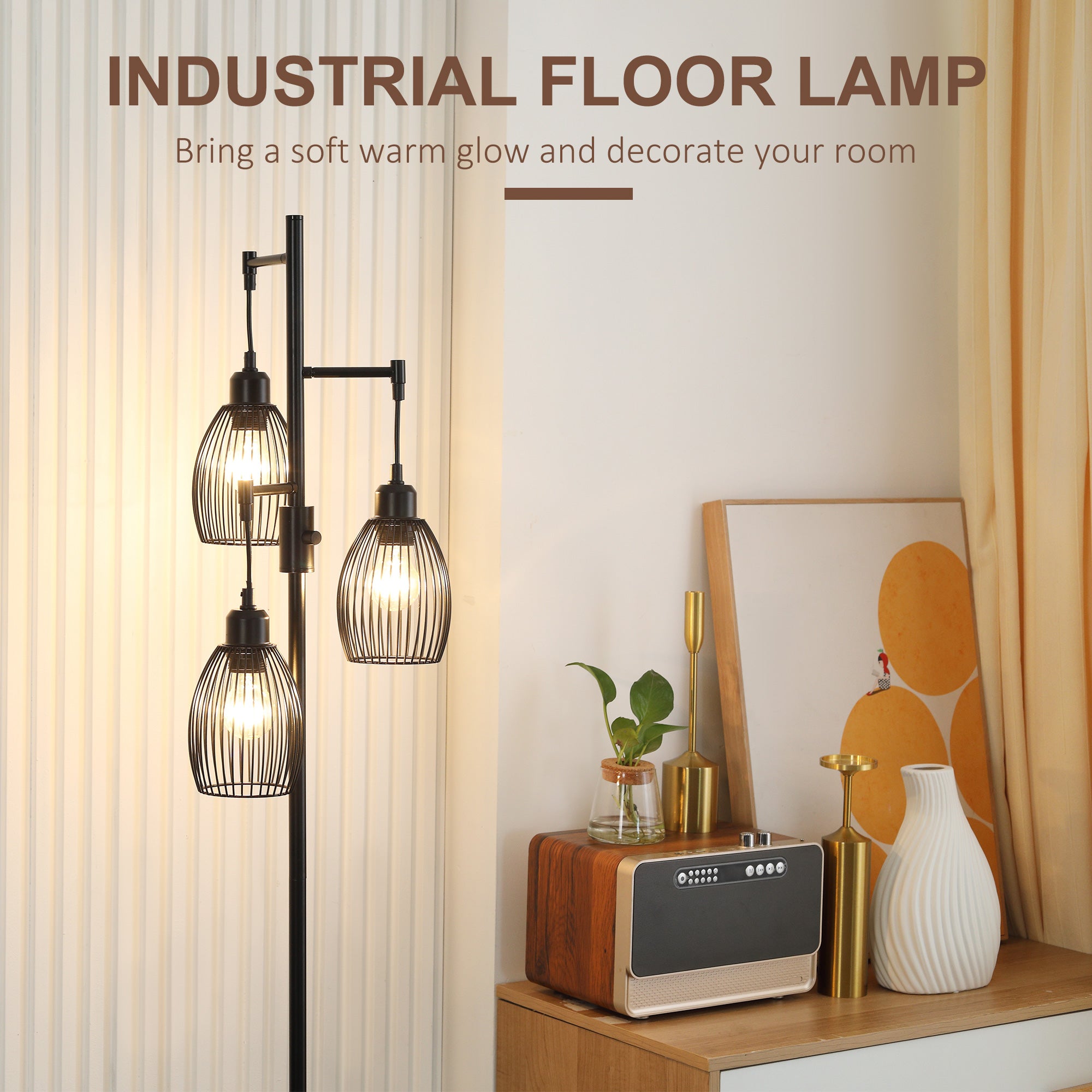 Industrial Floor Lamp with 3 Hanging Wire Lampshades, Dimmable Standing Lamp for Living Room, Bedroom, Dining Room, Study, Black