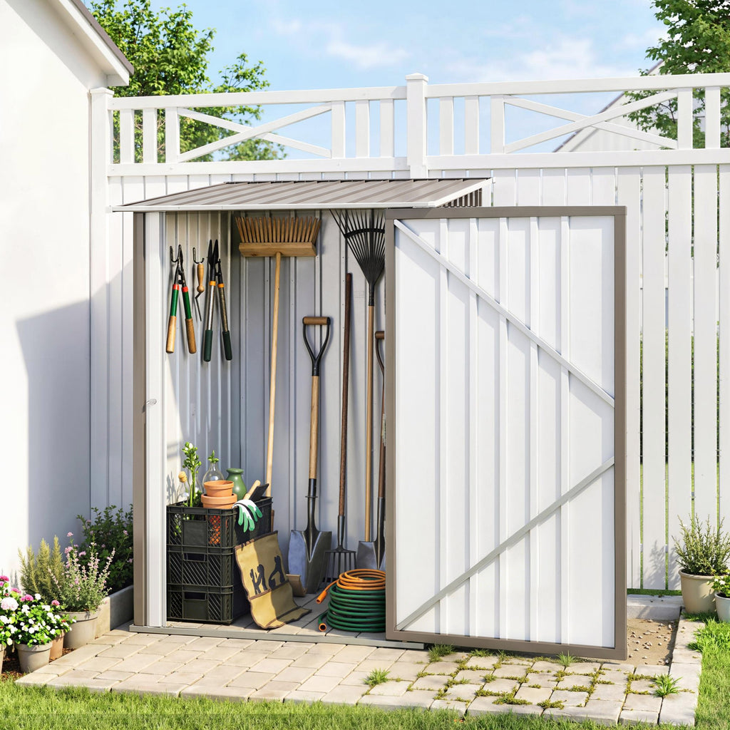3.3' x 3.4' Lean-to Outdoor Garden Storage Shed, Galvanized Steel with Lockable Door for Patio Brown and White
