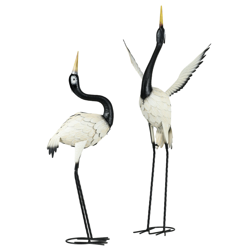 Set of 2 Garden Sculptures Heron Statues Lawn Patio Backyard Ornaments, 35.4"-40.6", White and Black