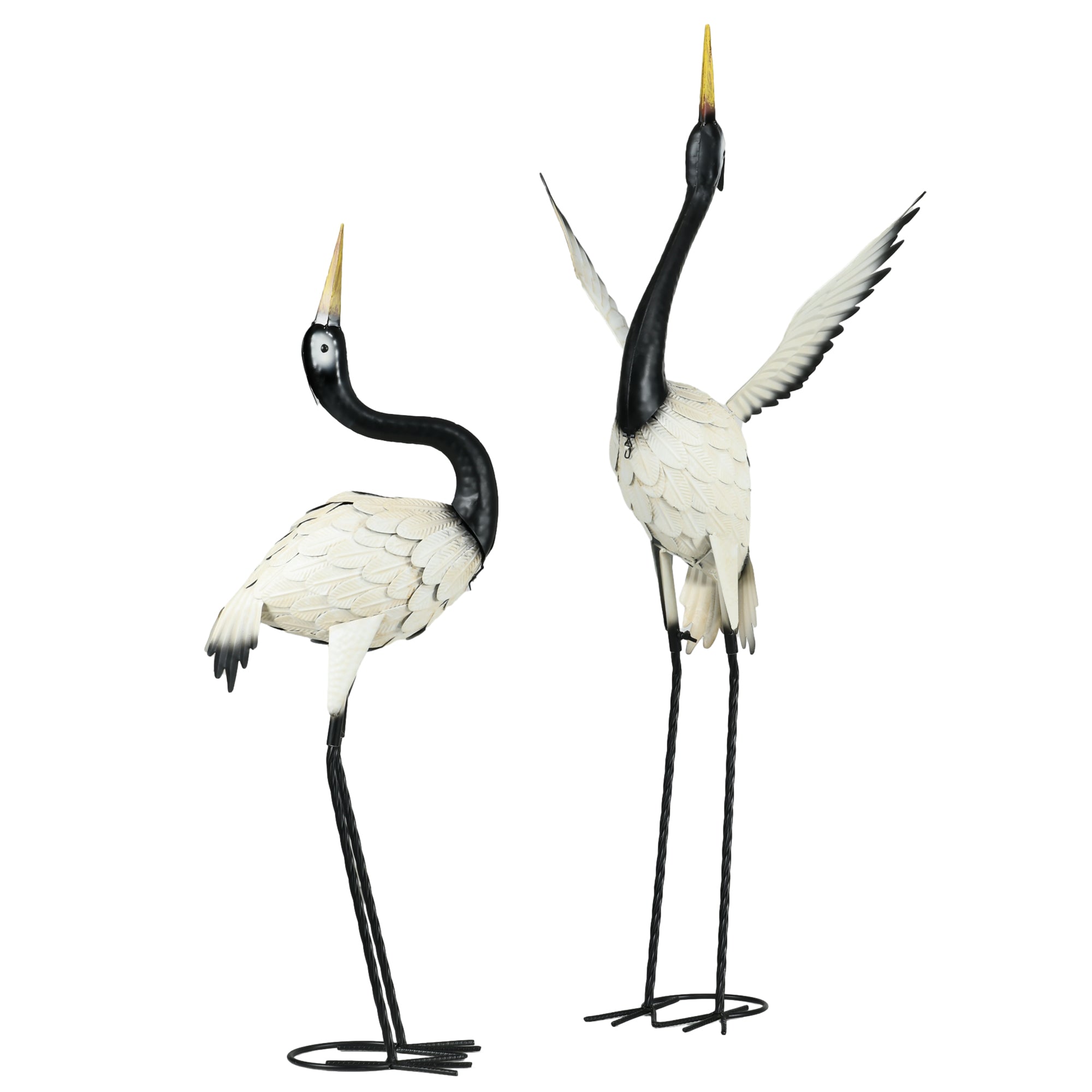 Set of 2 Garden Sculptures Heron Statues Lawn Patio Backyard Ornaments, 35.4"-40.6", White and Black
