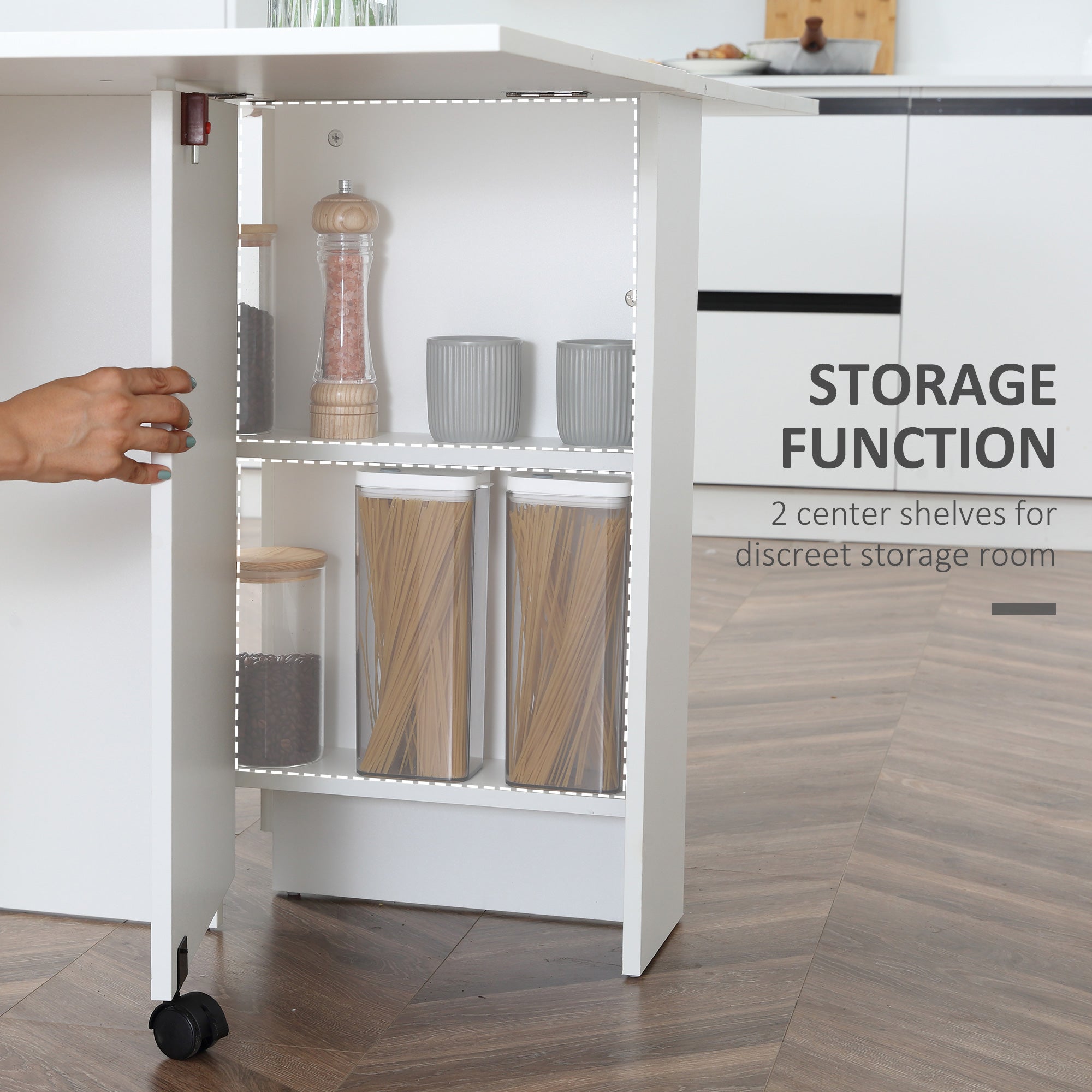 Extendable Dining Table, Collapsible Folding Table w/ 2-tier Shelves and Rolling Casters, White