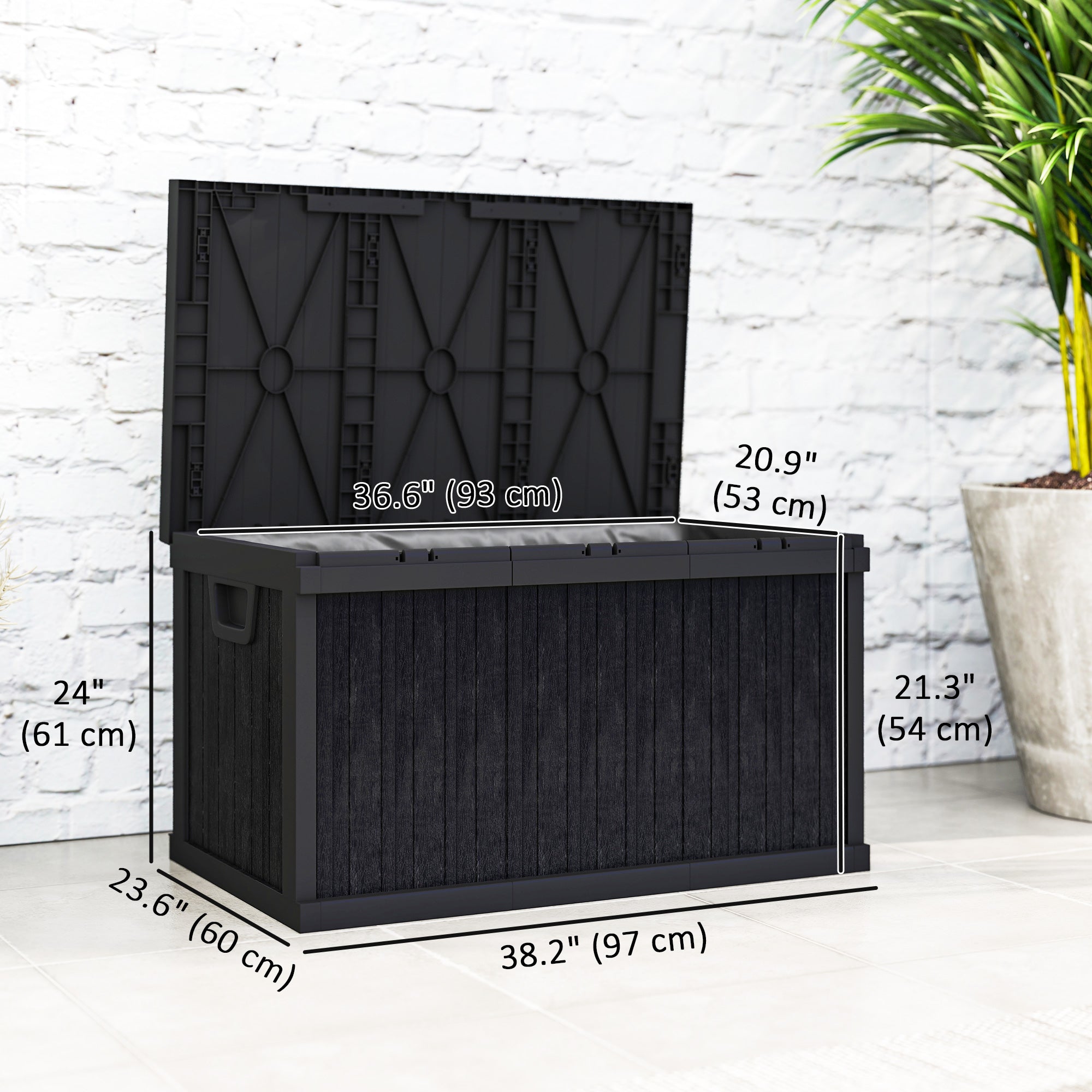 70 Gallon Deck Box, Resin Outdoor Storage Box with Handles, Waterproof Storage Container for Garden Tools, Black