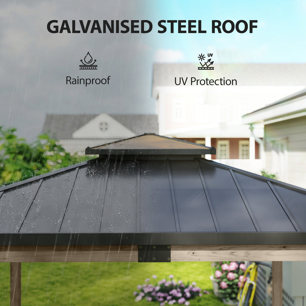 12' x 14' Hardtop Gazebo Canopy with Galvanized Steel Roof, Wood Frame, Double Roof Outdoor Gazebo, Light Walnut