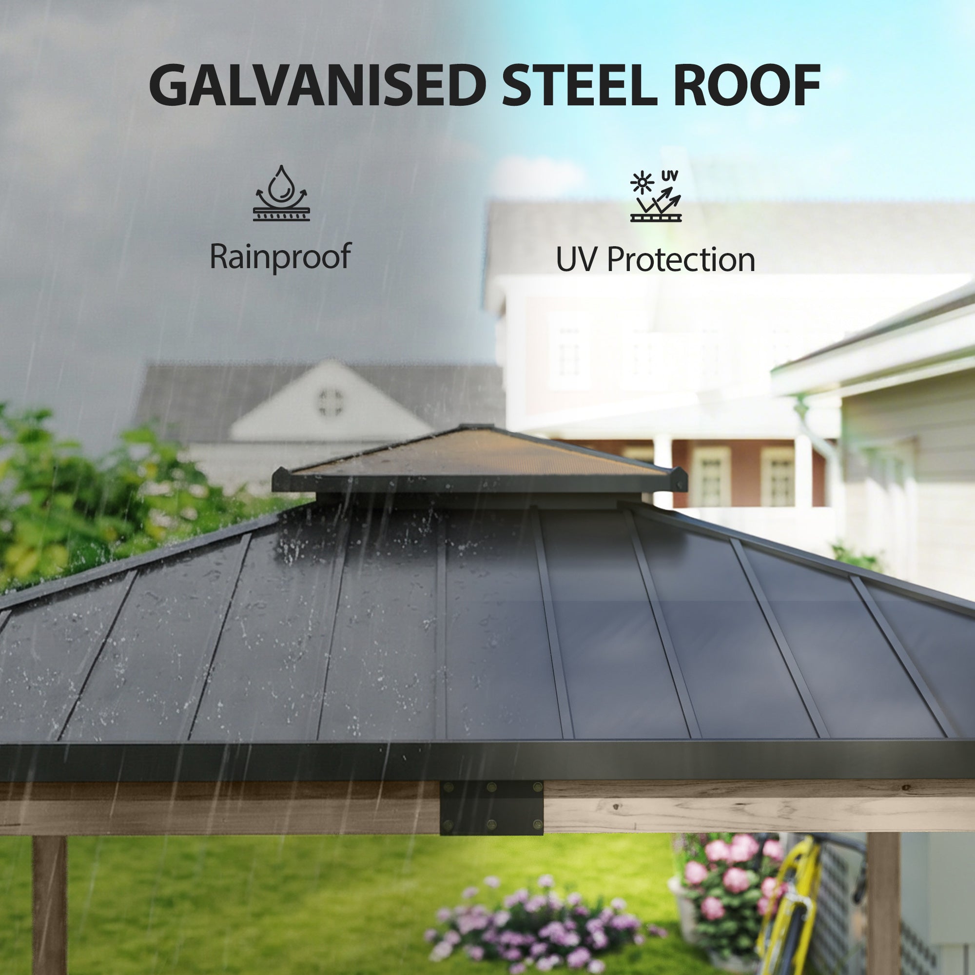 12' x 14' Hardtop Gazebo Canopy with Galvanized Steel Roof, Wood Frame, Double Roof Outdoor Gazebo, Light Walnut