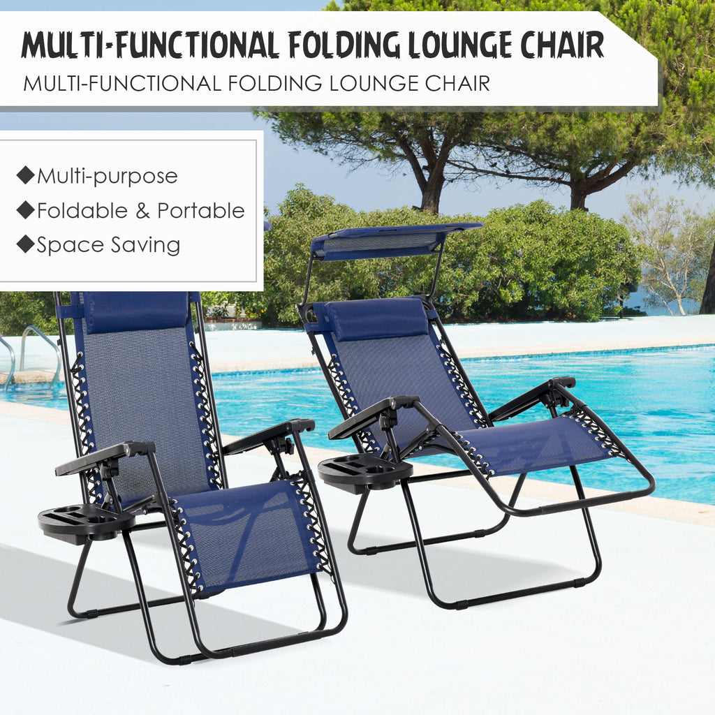 Zero Gravity Chair Set of 2 with Canopy Shade, Outdoor Folding Lounge Chair with Side Tray, Cup Holder, Reclining Lounger with Breathable Mesh Seat and Pillow, Blue