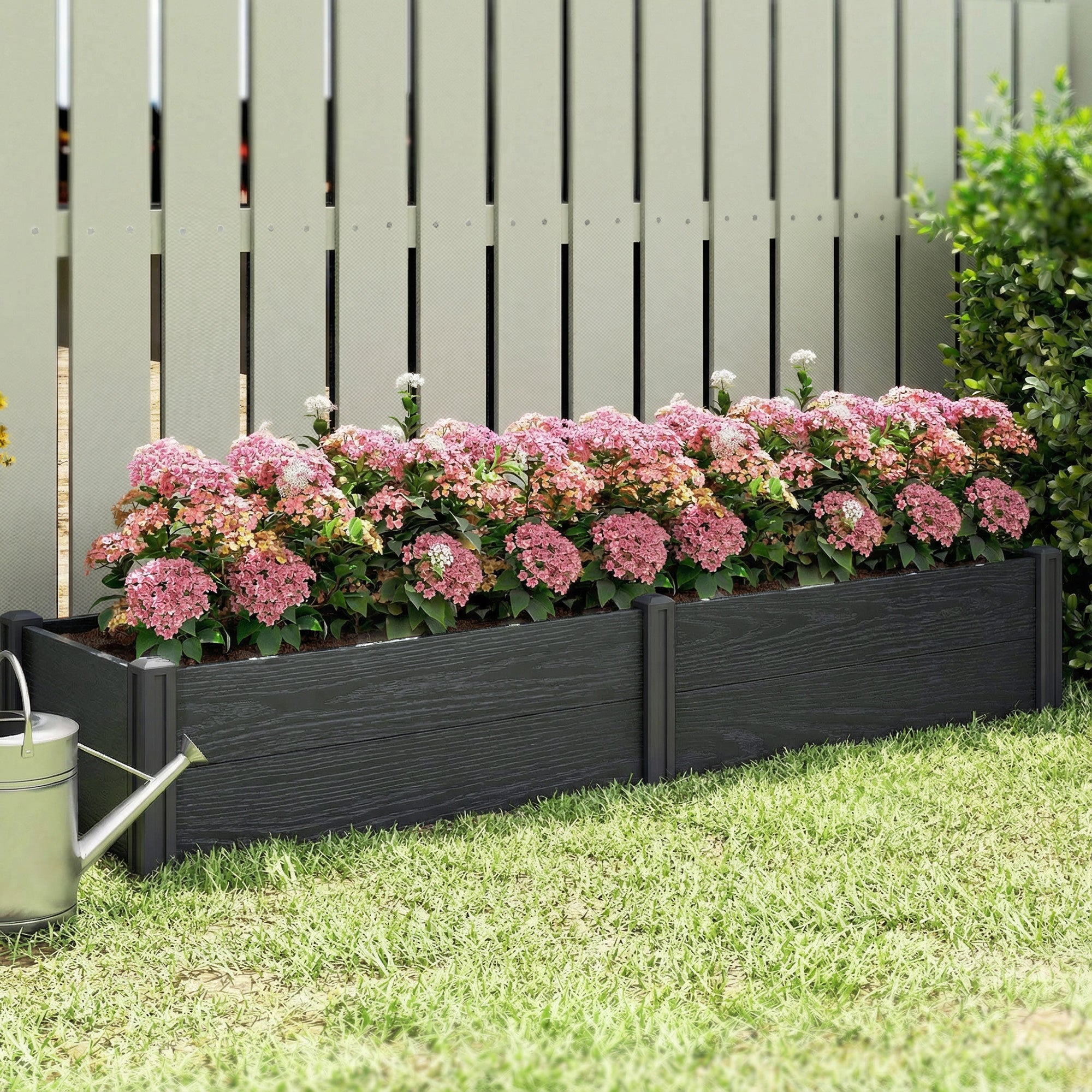 Vinyl Raised Garden Bed Kit, 6.5 x 2 x 1ft Elevated Garden Box with Divider and Open Bottom, Grey Wood Effect