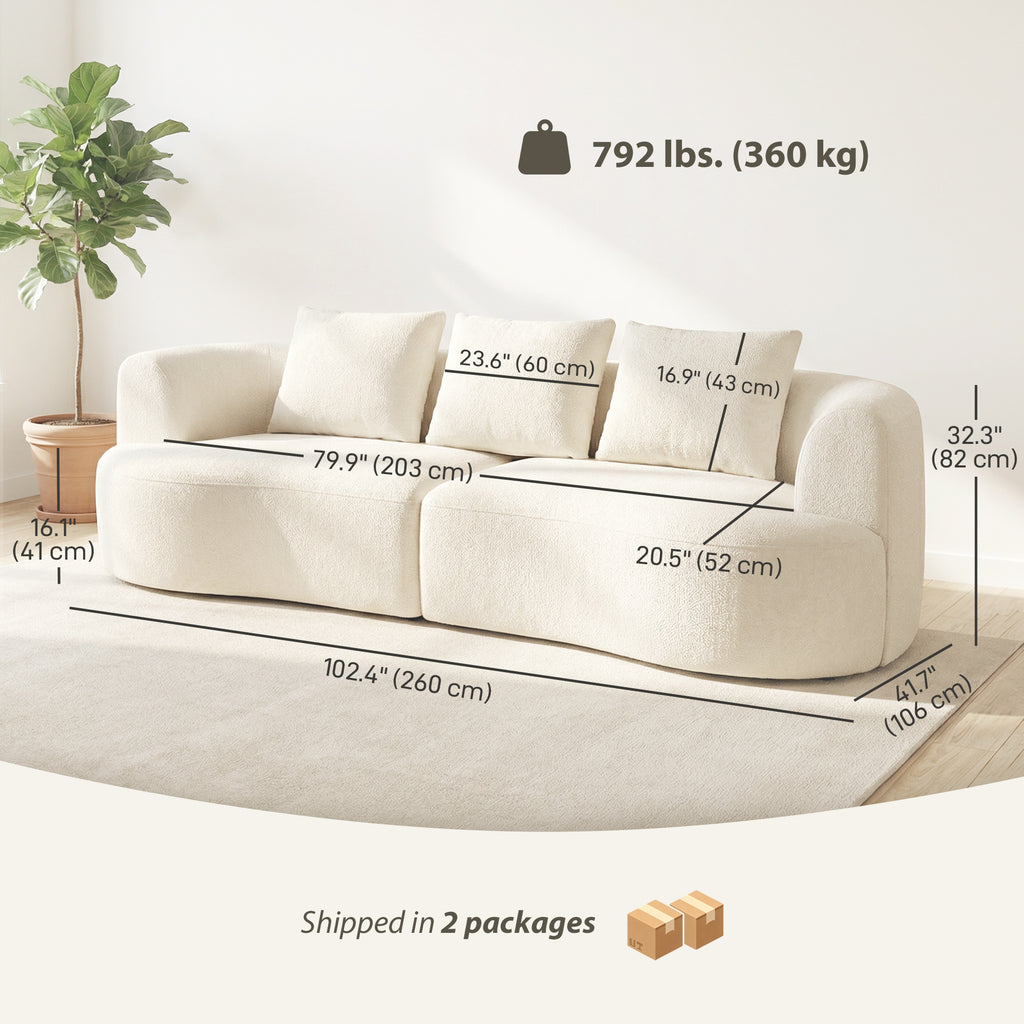 3 Seater Sofa, 102" Chenille Boneless Couch with Wide Seat, Spring Cushions, High-Density Foam, 3 Pillows, Cream White