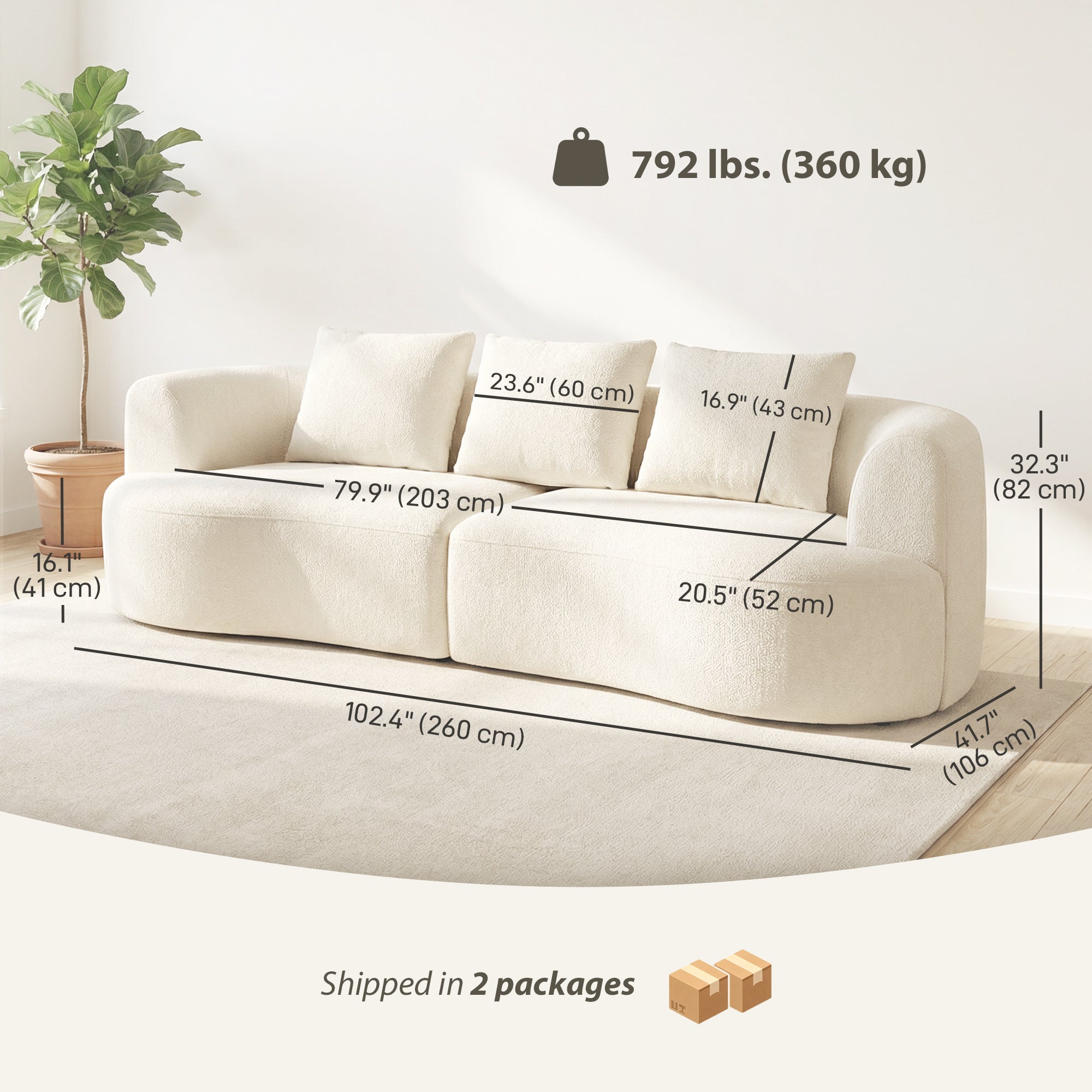 3 Seater Sofa, 102" Chenille Boneless Couch with Wide Seat, Spring Cushions, High-Density Foam, 3 Pillows, Cream White