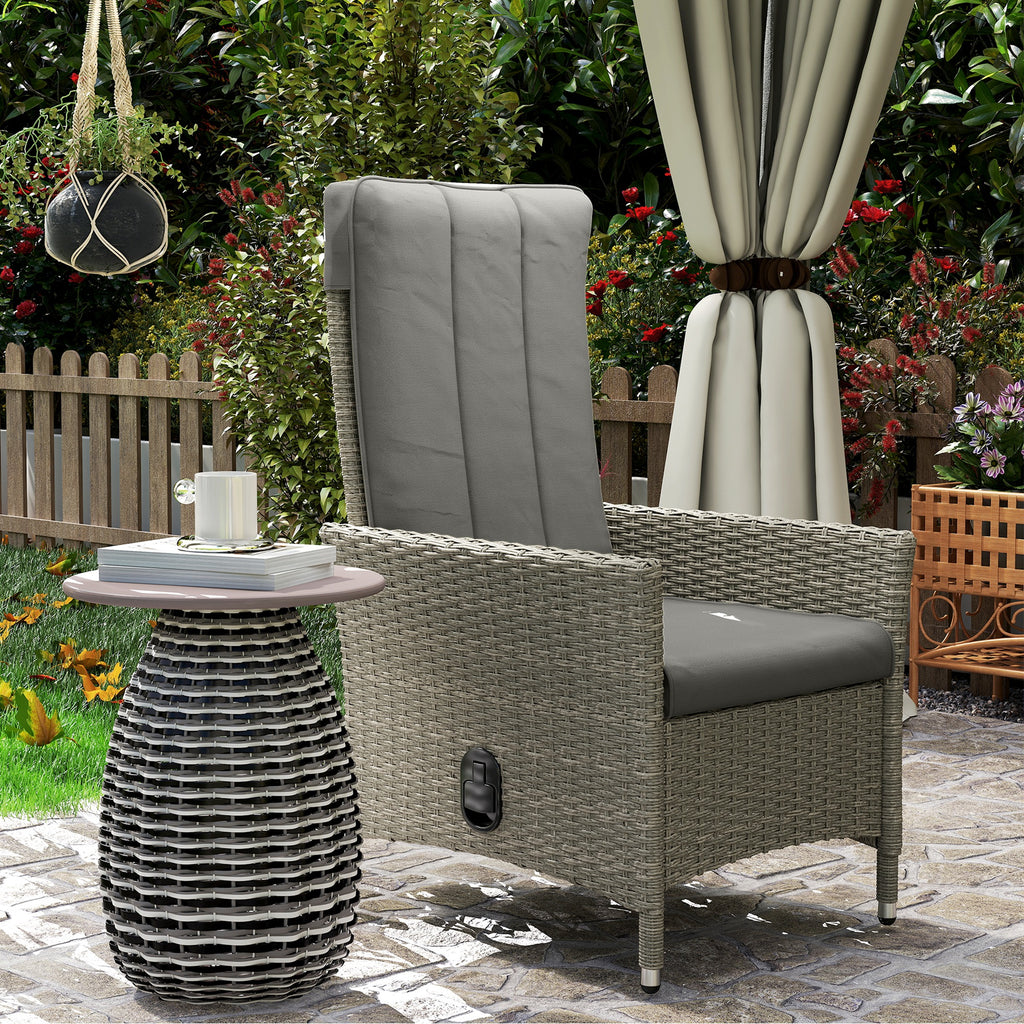 Wicker Outdoor Recliner Chair, Wicker Reclining Patio Chair with Adjustable Backrest and Cushion, Grey