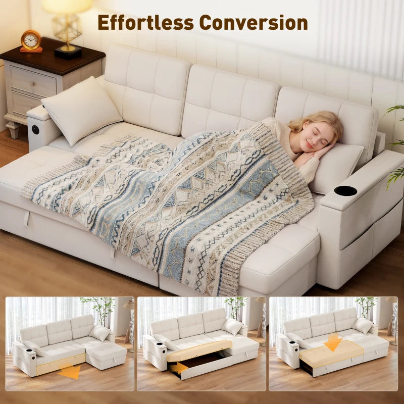 Pull-out sectional sofa bed with chaise storage, USB ports, and beige upholstery
