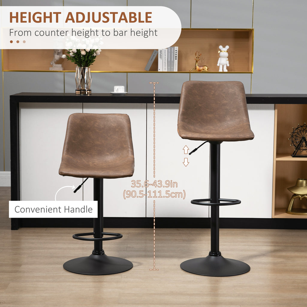 Adjustable Counter Height Bar Stools Set of 2, 360Â° Swivel Kitchen Counter Stools Dining Chairs with Backs, Vintage Leather, Brown