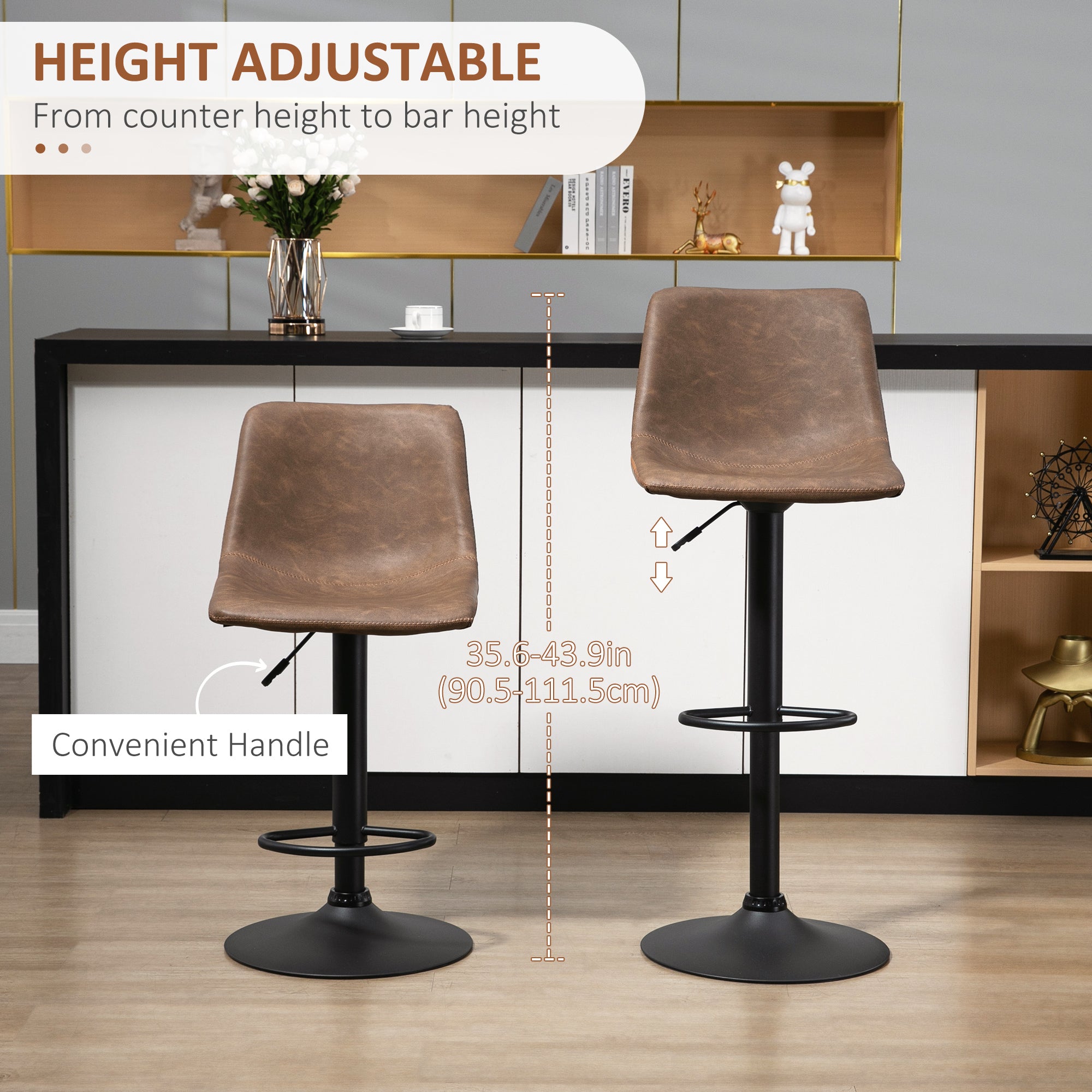 Adjustable Counter Height Bar Stools Set of 2, 360Â° Swivel Kitchen Counter Stools Dining Chairs with Backs, Vintage Leather, Brown