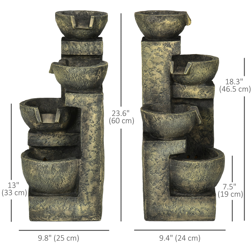 Outdoor Fountain Cascading Waterfall with 4-Tier Stone Look Bowls, Adjustable Flow & LED Lights for Patio Garden