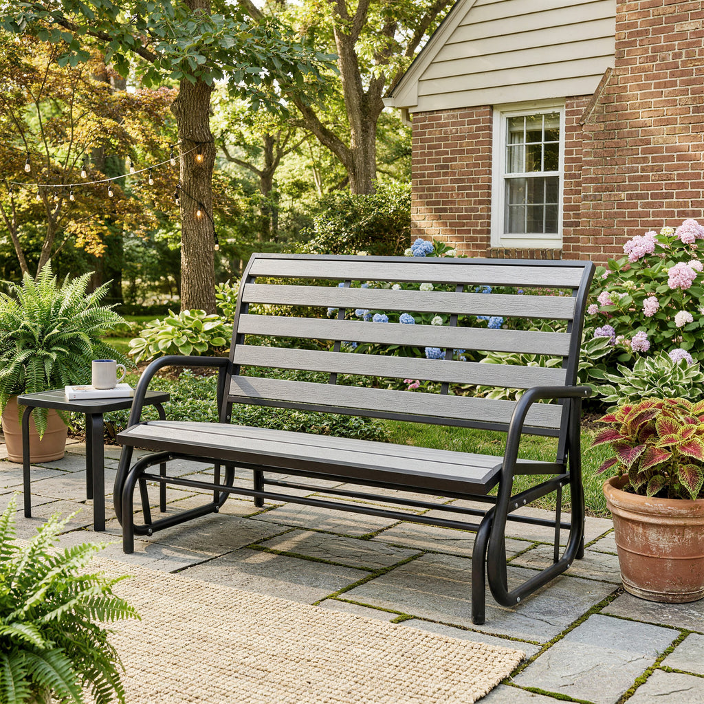 2 Person Outdoor Glider Bench, Patio Glider Loveseat with Faux Wood Slatted Seat and Back, Steel Frame, Grey