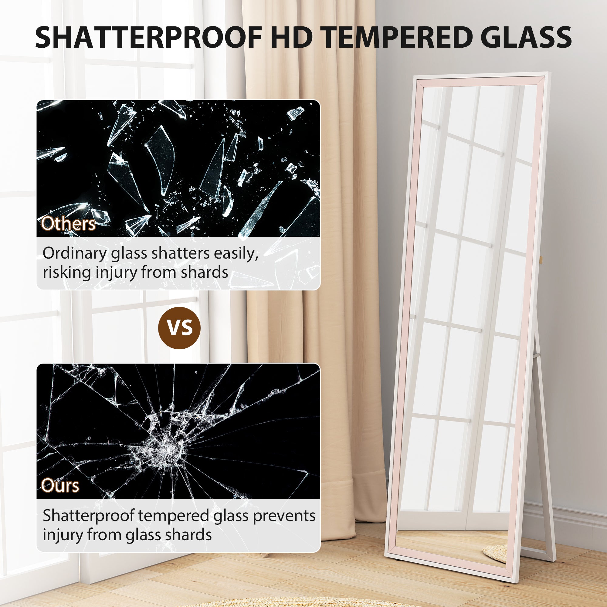 64" x 21" Full Length Mirror, Rectangular Full Body Mirror with Frame, Standing, Hanging or Leaning, White and Pink