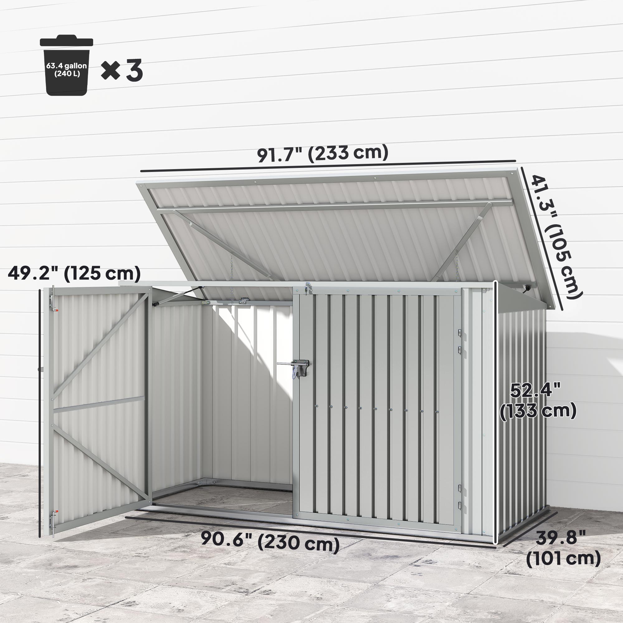 7.6 x 3.4ft Outdoor Storage Shed, 3 Garbage Bin Shed Organizer with Lockable Double Doors, Openable Lid, Silver Grey