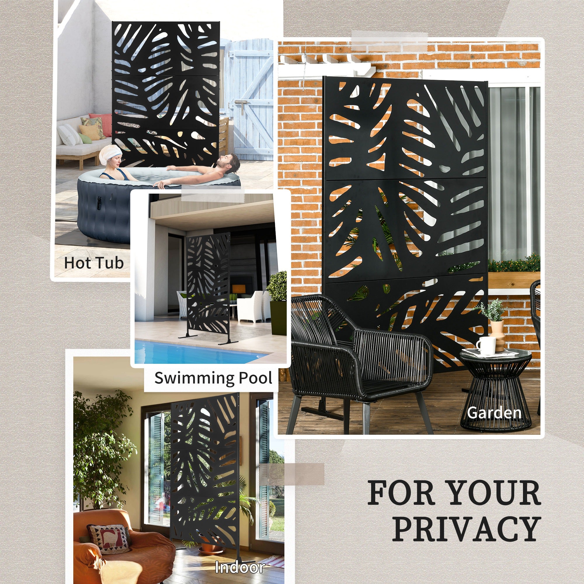 Freestanding Outdoor Privacy Screen, Decorative Metal Outdoor Divider with Stand for Garden, Backyard, Deck, Black