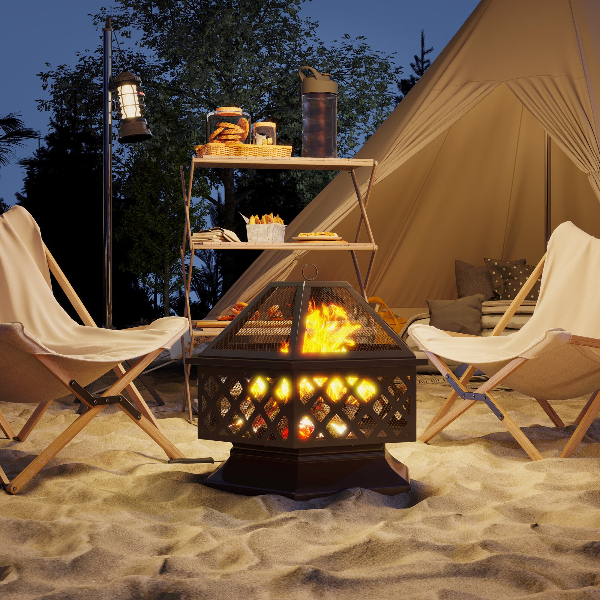 28" Outdoor Fire Pit Wood Burning Firepit with BBQ Grill, Spark Screen, Poker for Patio Backyard Camping Picnic Bonfire