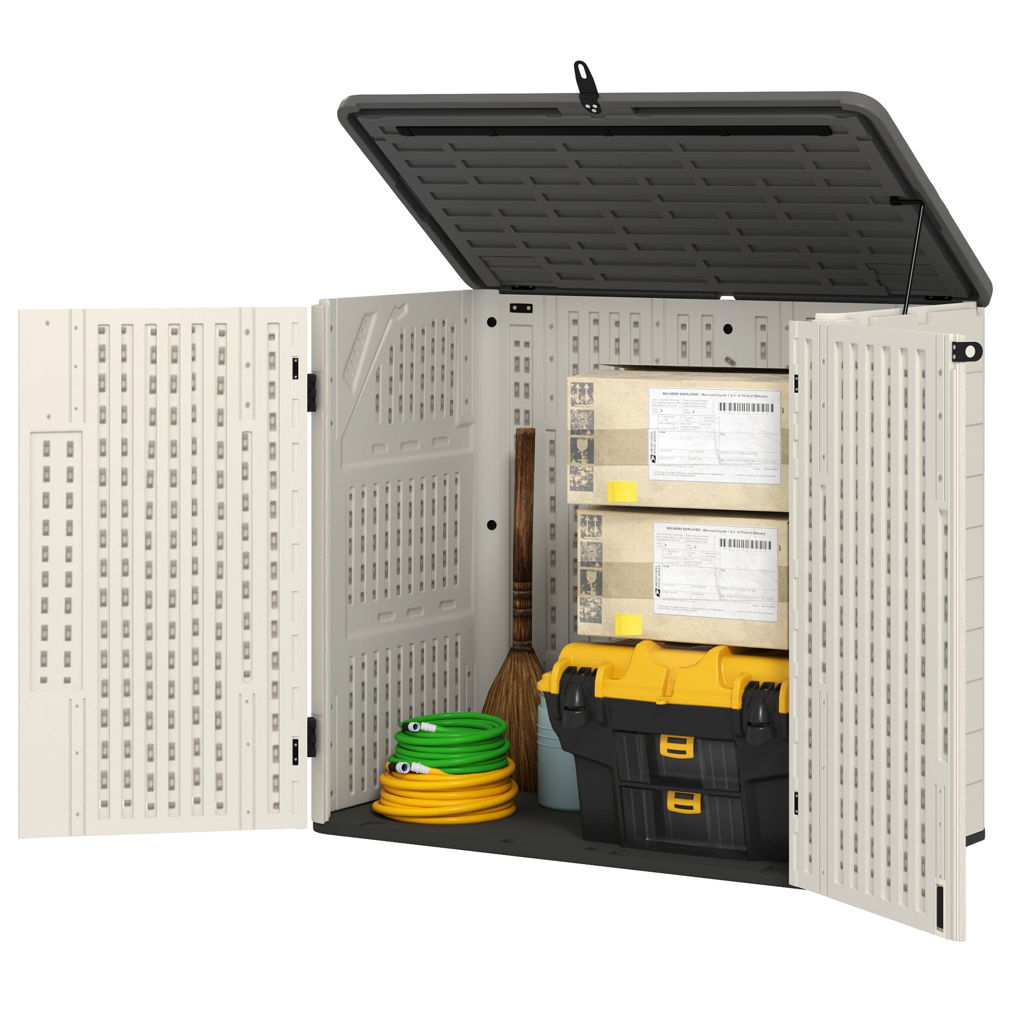 185 Gallon Outdoor Storage Cabinet with Openable Top and Lockable Doors for Lawnmower, Trash Can, Patio Accessories