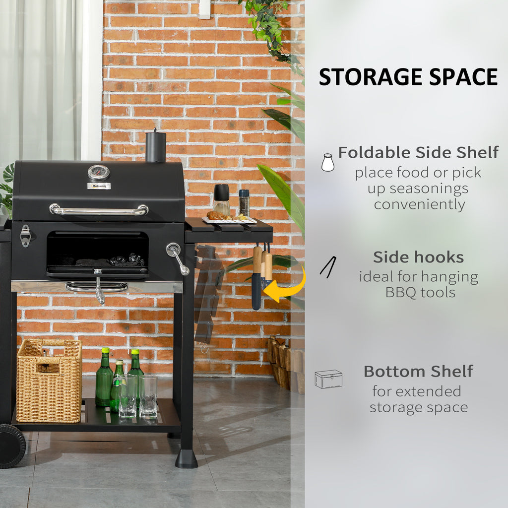 Charcoal BBQ Grill Smoker with Adjustable Charcoal Pan and Galvanised Steel Shell, Barbecue Grill Trolley with Storage