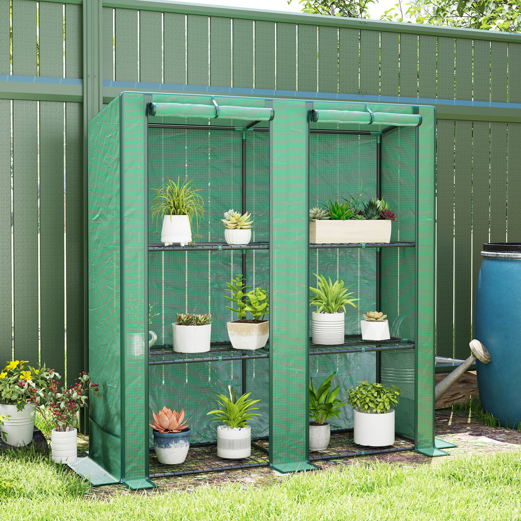 Lean-to Greenhouse with 3 Tier Shelves, Mini Greenhouse with 2 Roll-Up Doors for Indoor Outdoor, Green