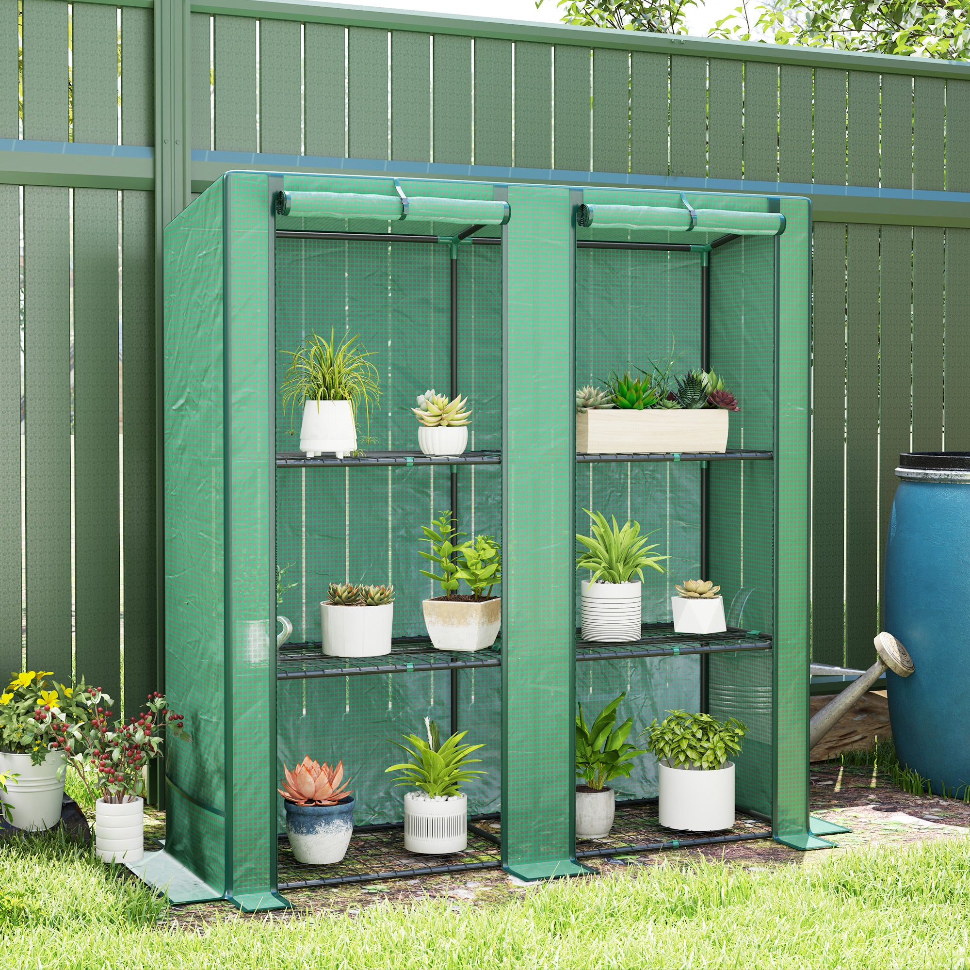 Lean-to Greenhouse with 3 Tier Shelves, Mini Greenhouse with 2 Roll-Up Doors for Indoor Outdoor, Green