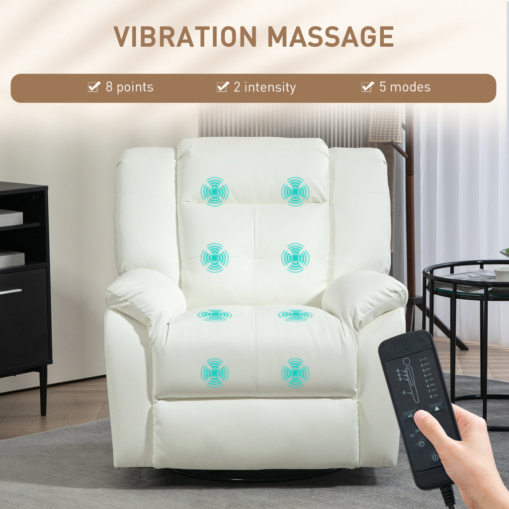 8-Point Vibration Massage Recliner Chair, PU Leather Manual Reclining Sofa, Swivel Nursery Rocking Chair with Remote Control, Side Pockets, for Living Room, Cream White
