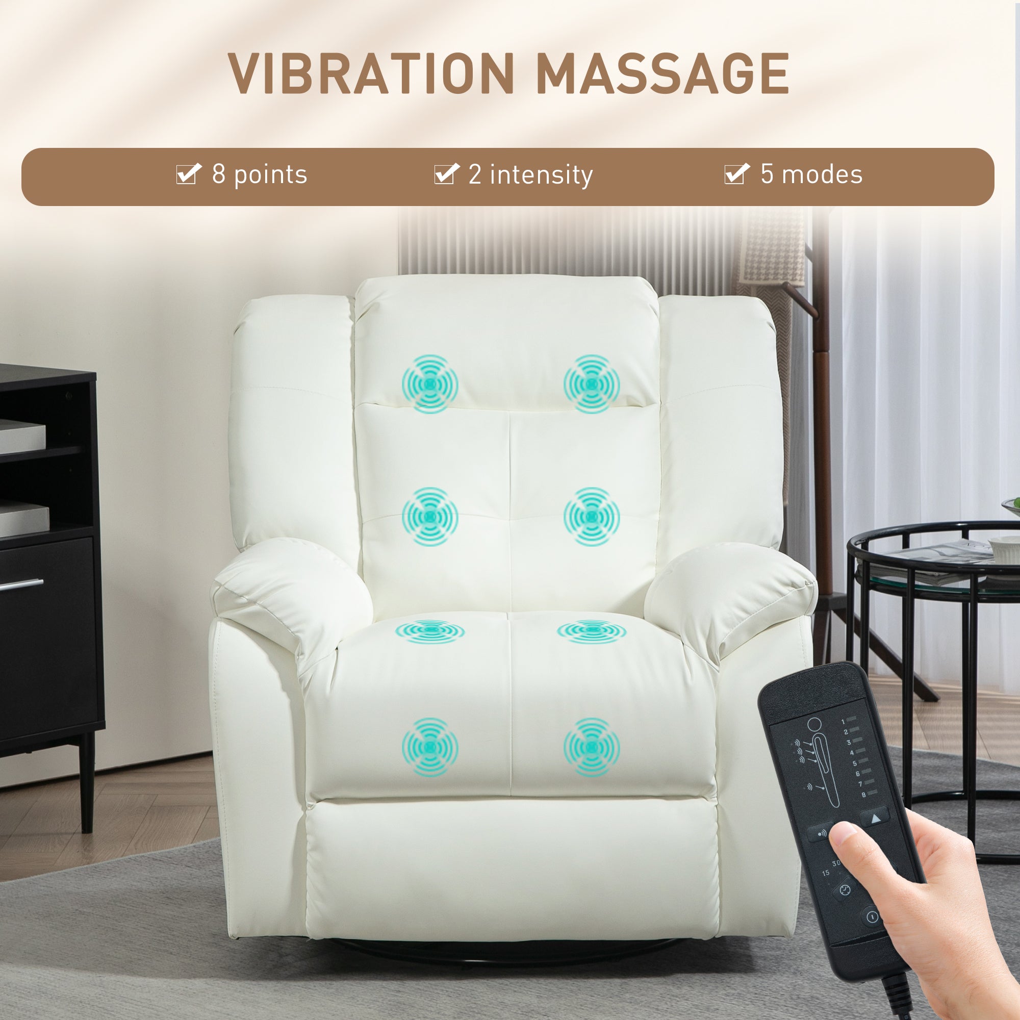 8-Point Vibration Massage Recliner Chair, PU Leather Manual Reclining Sofa, Swivel Nursery Rocking Chair with Remote Control, Side Pockets, for Living Room, Cream White