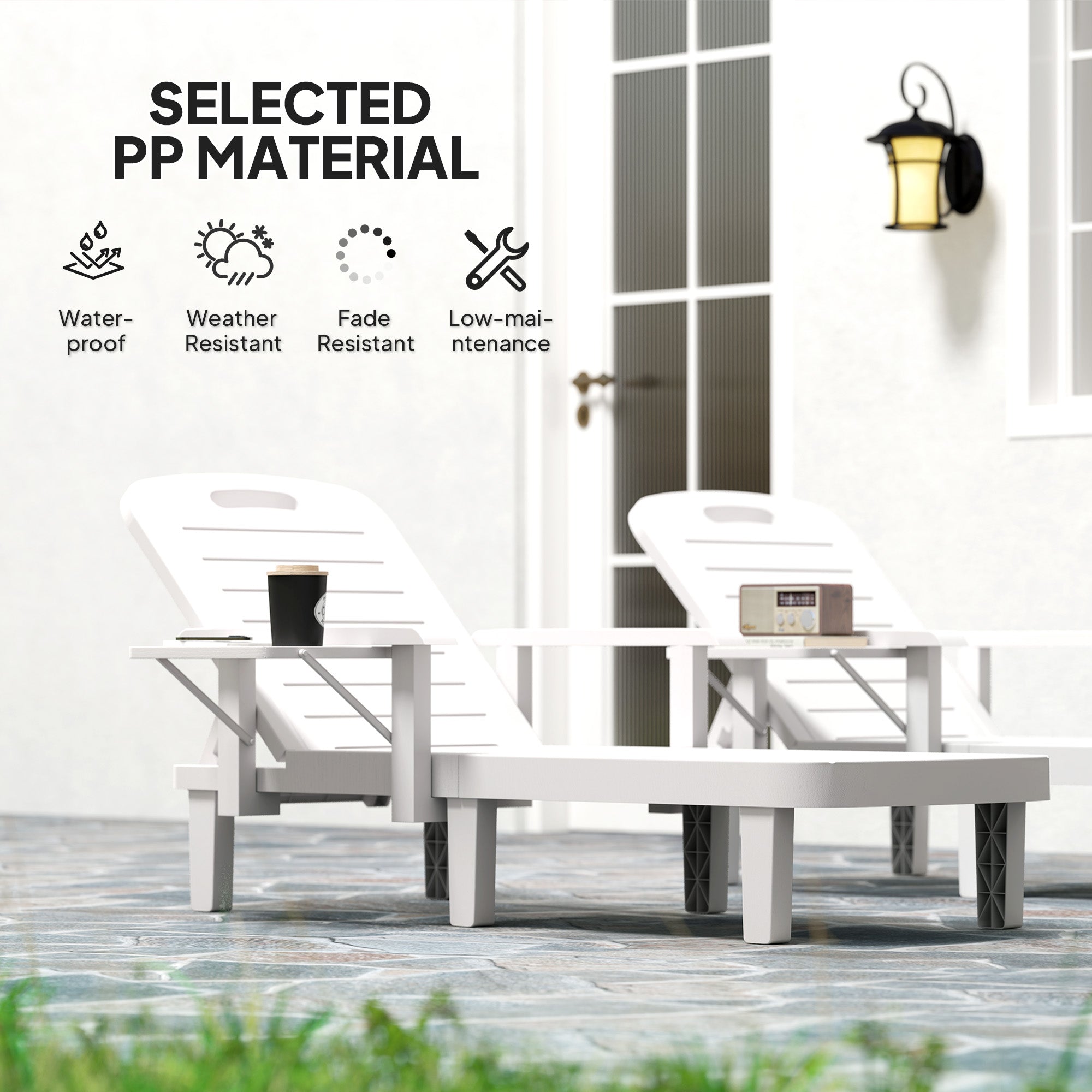 Set of 2 Tanning Chair, 5 Positions Adjustable Outdoor Lounge Chairs with Foldable Side Table, White