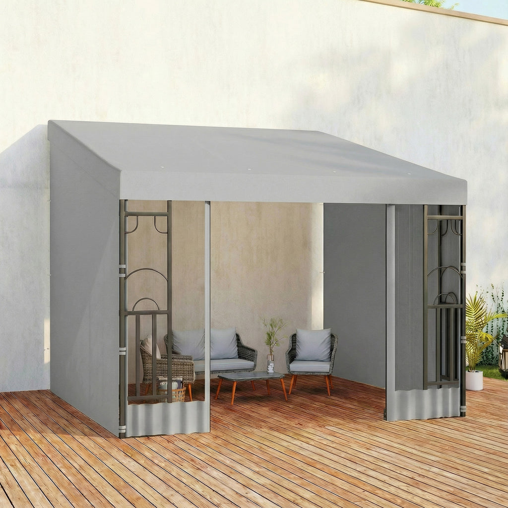 10' x 10' Wall Pergola, Outdoor Gazebo with 2 Curtains and 2 Nettings, UV Resistant, for Patio, Deck, Light Grey