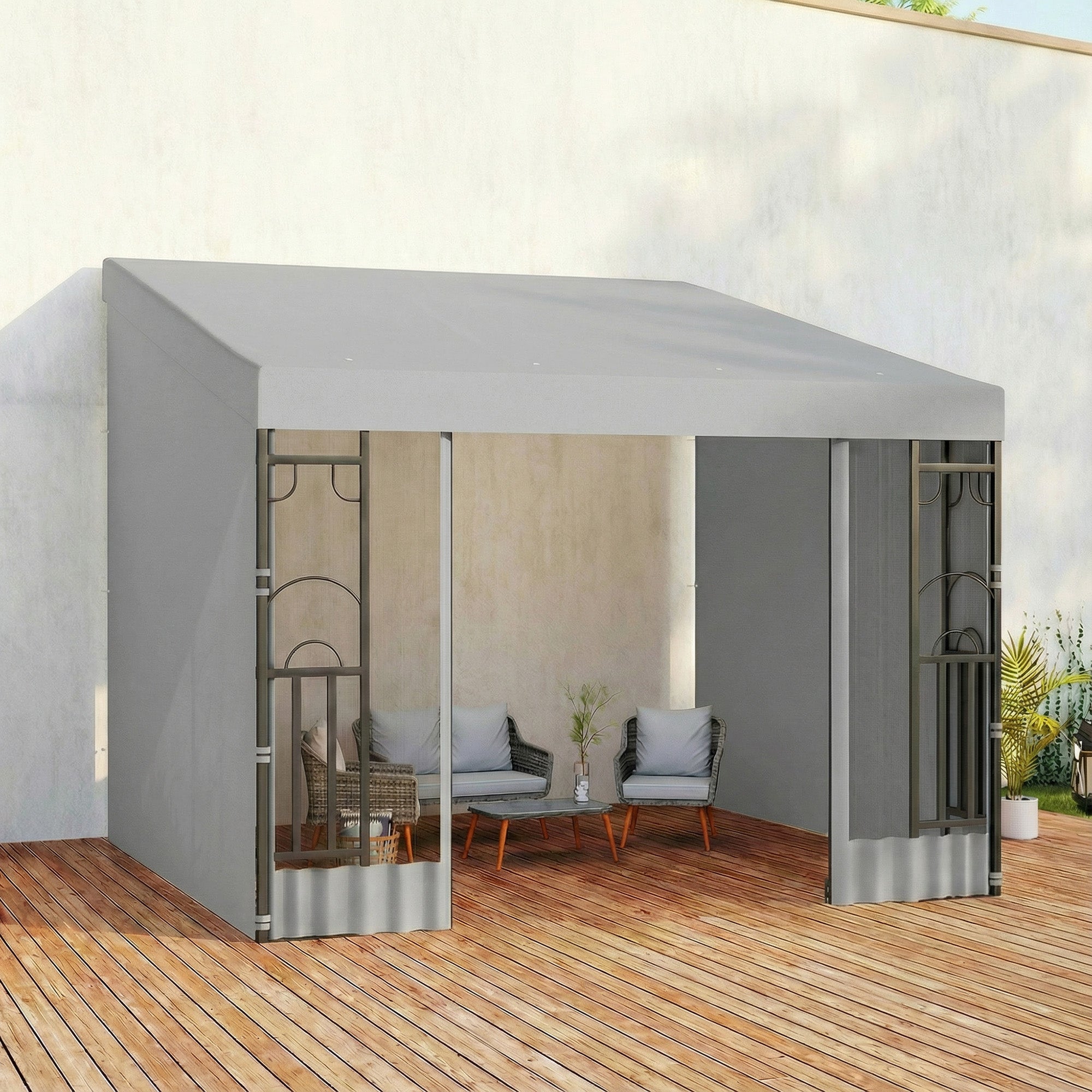 10' x 10' Wall Pergola, Outdoor Gazebo with 2 Curtains and 2 Nettings, UV Resistant, for Patio, Deck, Light Grey