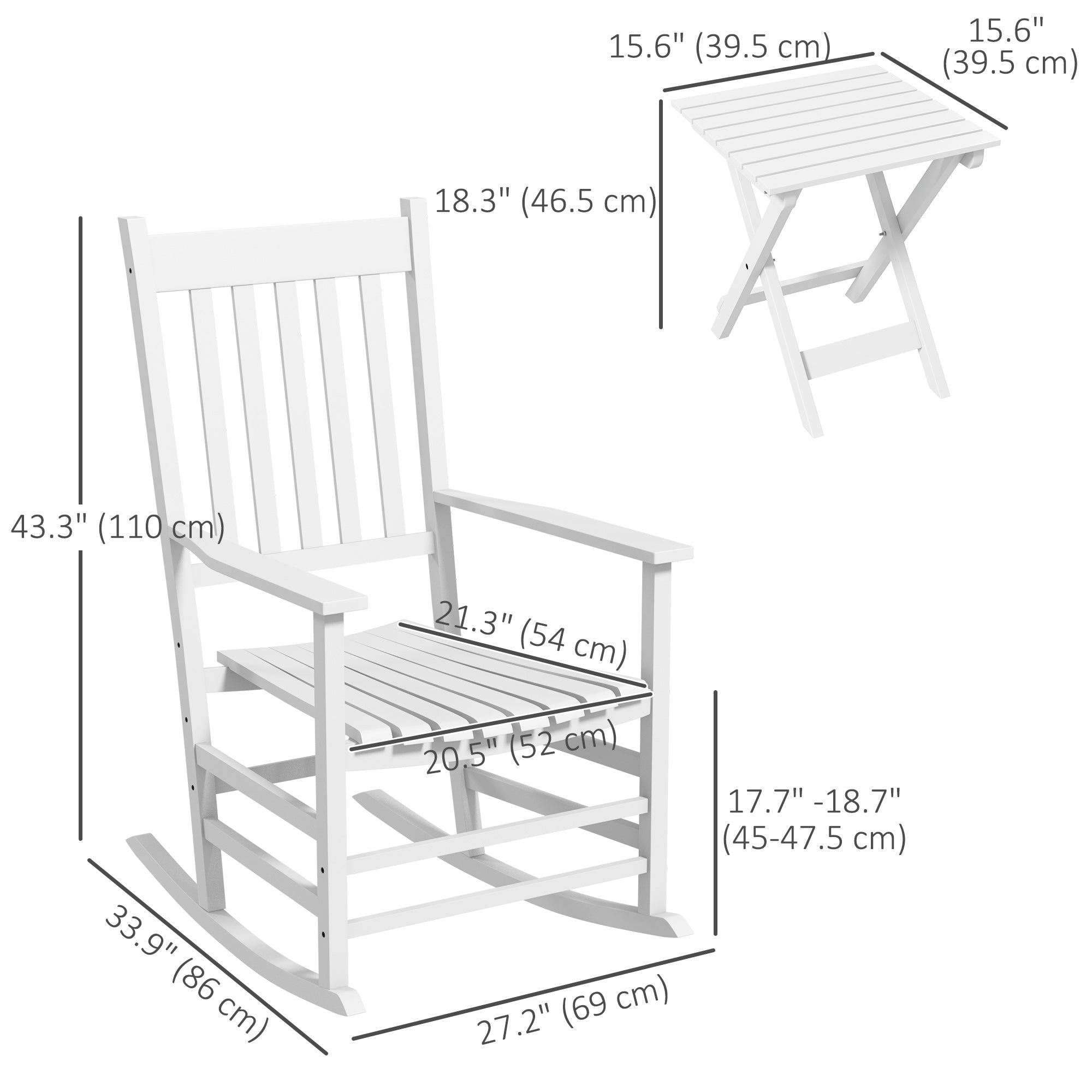 3 Pieces Outdoor Rocking Chair Set, Wooden Patio Rocking Chair Set with Folding Table, High Back and Armrests, White