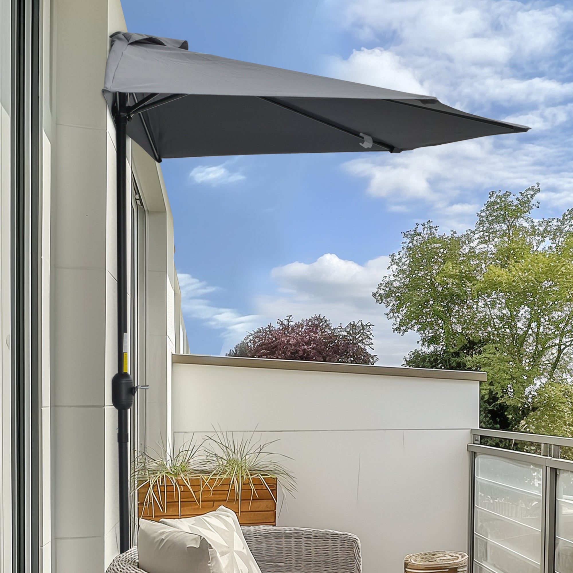 9.8ft Half Umbrella Semi Round Patio Parasol with Crank Handle, Top Vent for Garden, Balcony- NO BASE INCLUDED, Grey