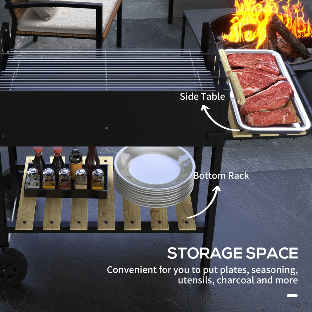 Charcoal Grill,BarbecueÂ Trolley with Double Adjustable Grill, Side Table, Storage Shelf and Wheels, Black