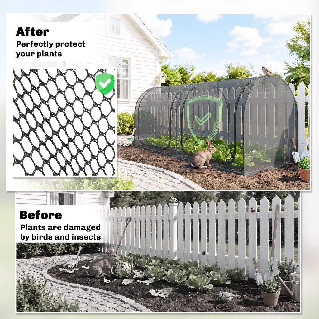 8' x 4' Crop Cage, Garden Plant Protector, with 2 Zippered Doors and 6 Ground Stakes, for Garden, Yard, Lawn, Black