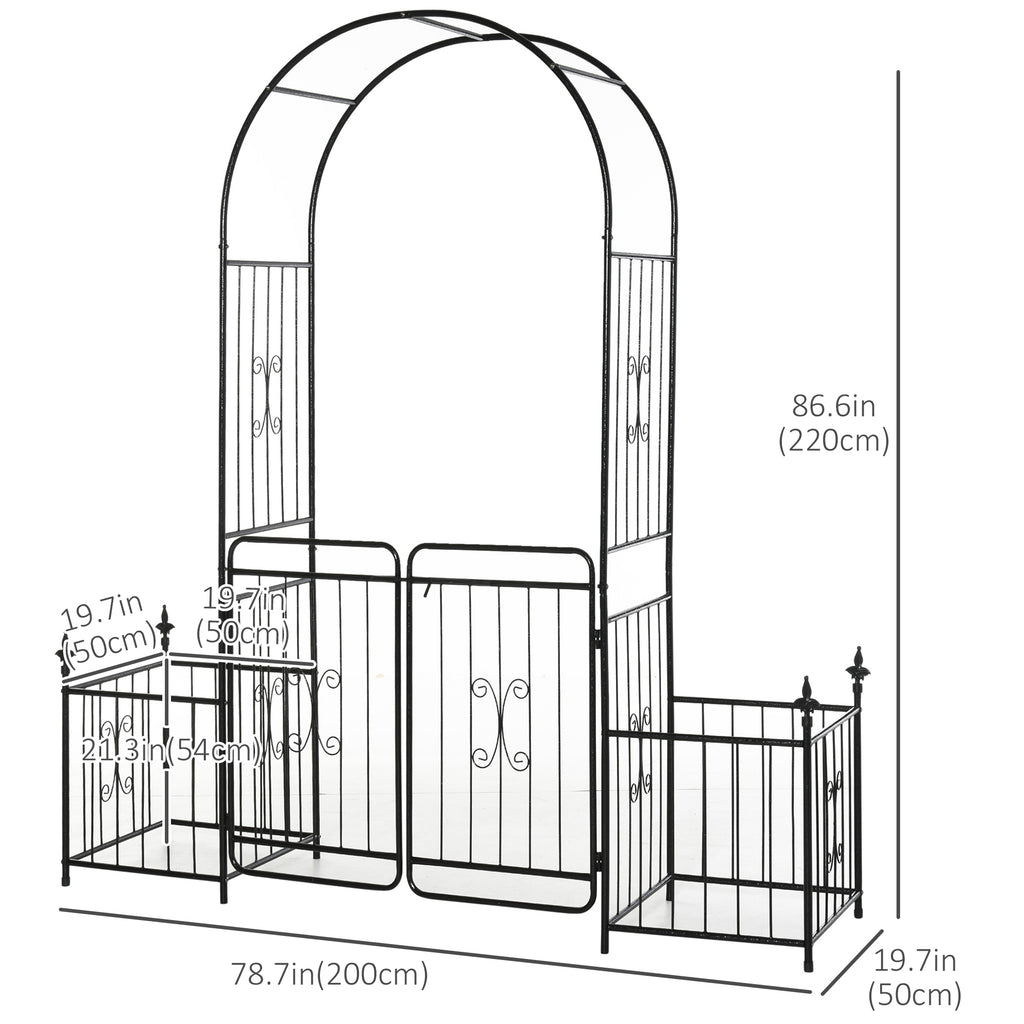 7.2FT Metal Garden Arch with Gate, 2 Side Planter Baskets, Garden Arbor Archway Trellis for Roses and Climbing Plants, Black