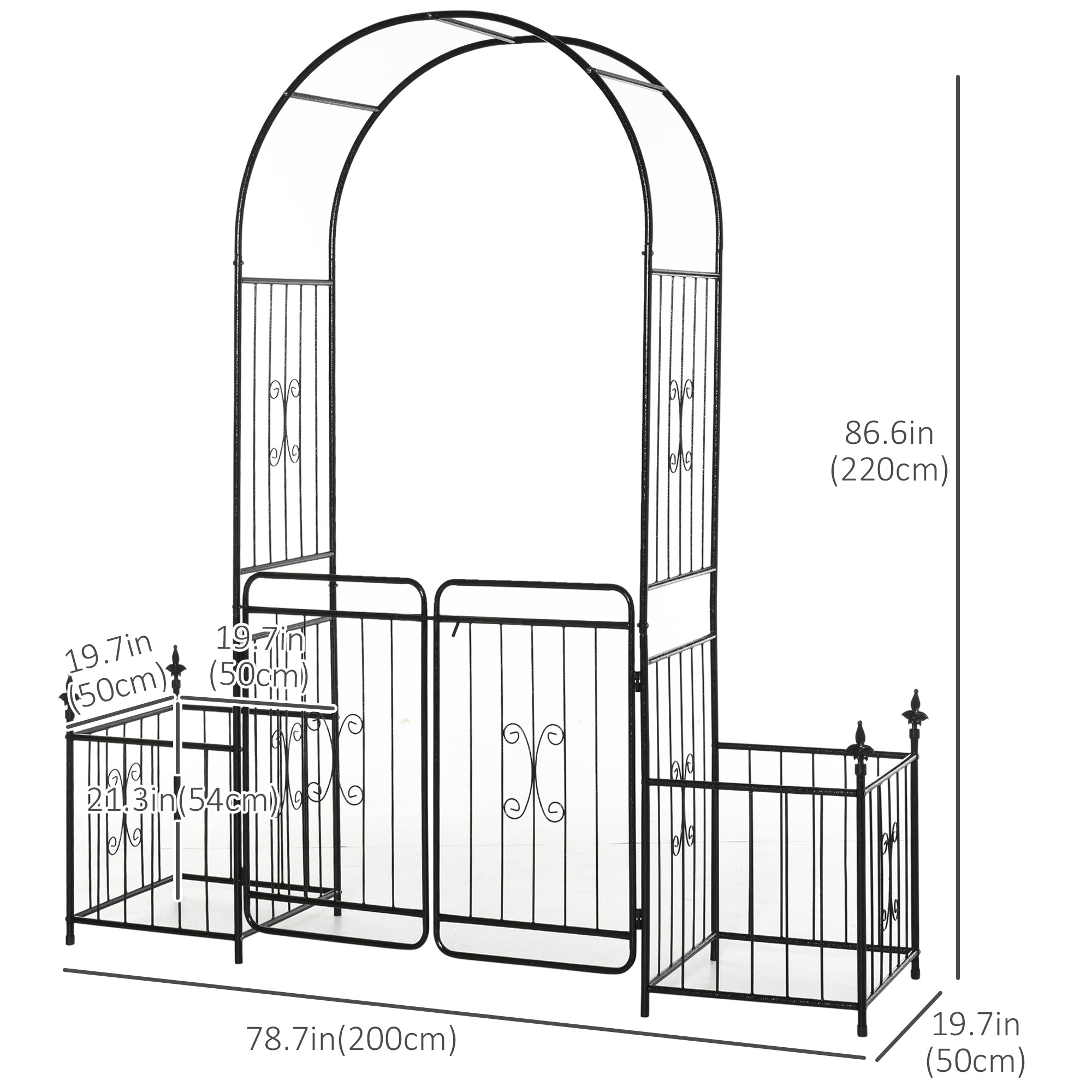 7.2FT Metal Garden Arch with Gate, 2 Side Planter Baskets, Garden Arbor Archway Trellis for Roses and Climbing Plants, Black