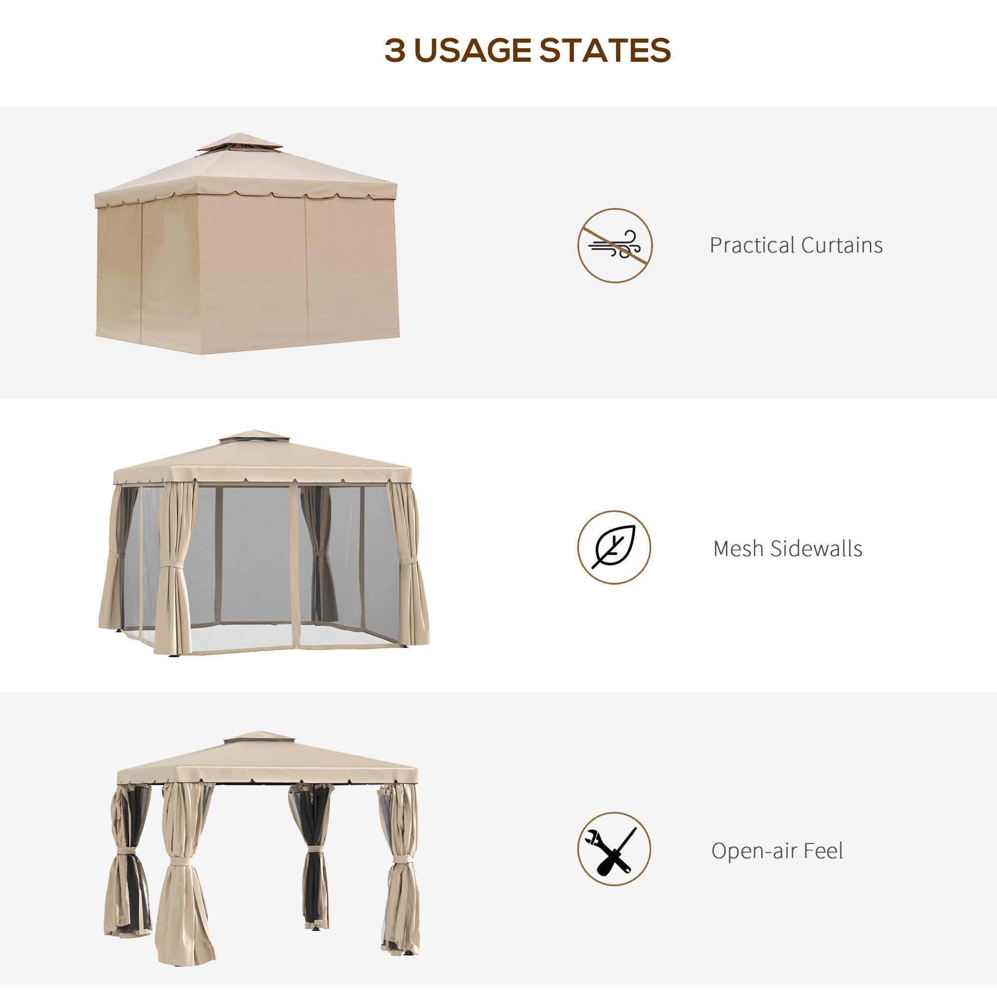 10' x 10' Deck Gazebo with Curtains & Mesh Screen Drapes, Double Roof Canopy Polyester Shade for Backyard Garden, Khaki