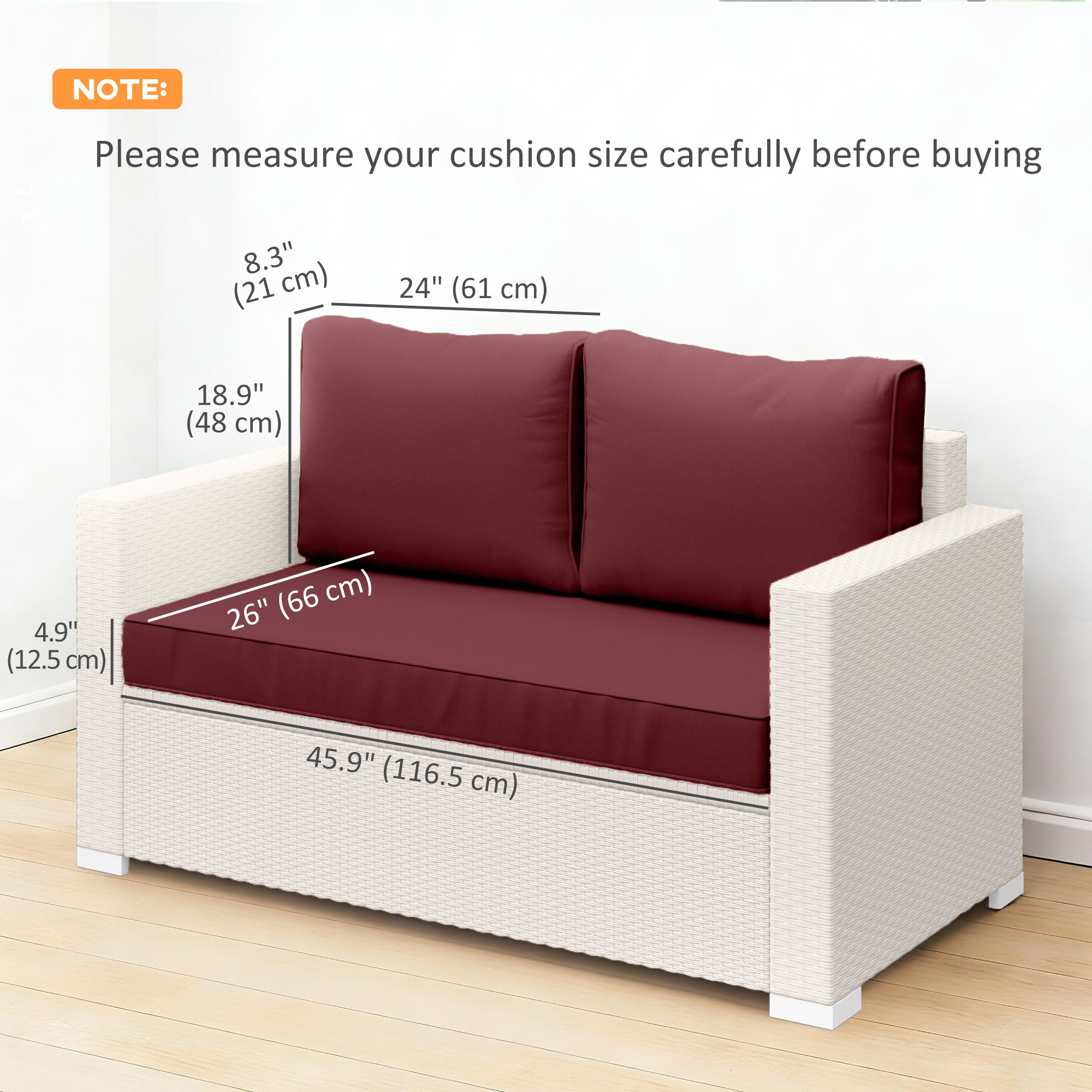 Outdoor Seat Cushions with Backrest, Loveseat Double Sofa Outdoor Furniture Cushions, Wine Red