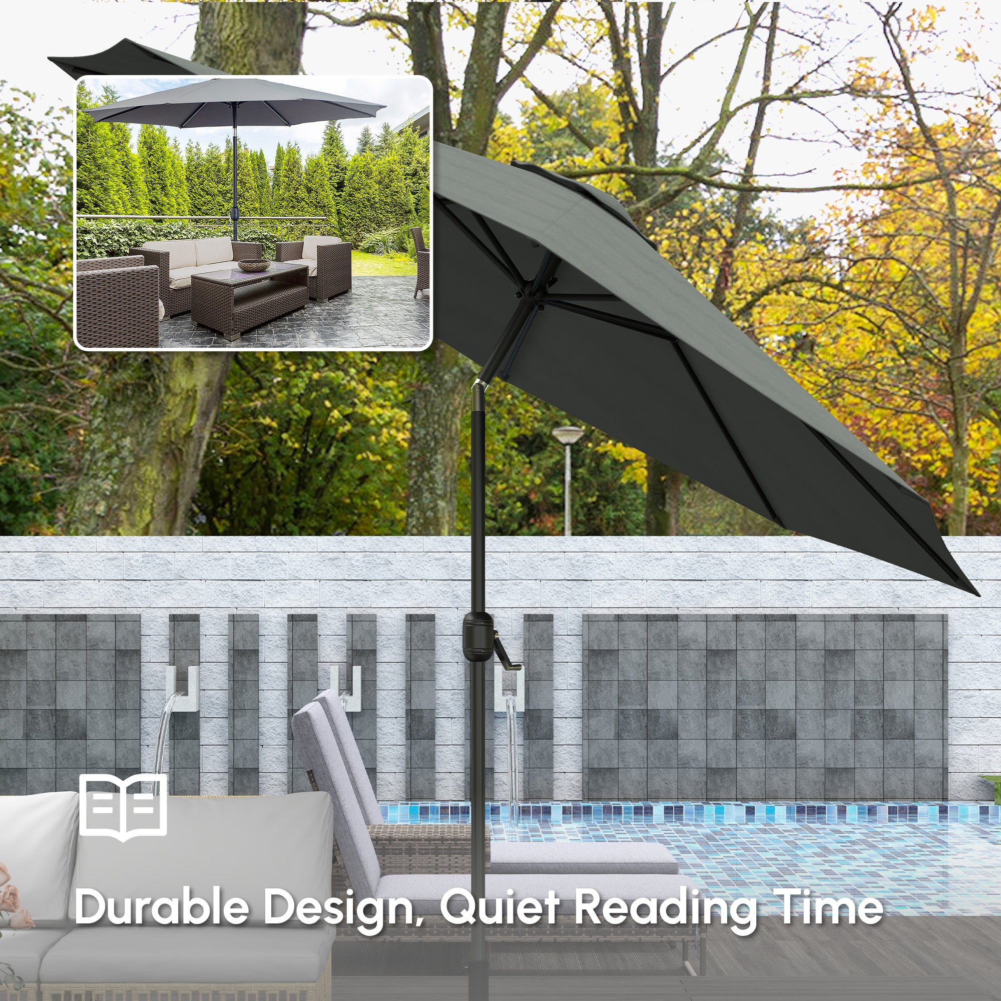 10' x 8' Round Market Umbrella, Patio Umbrella with Crank Handle and Tilt, Outdoor Parasol for Garden, Bench, Lawn, Grey
