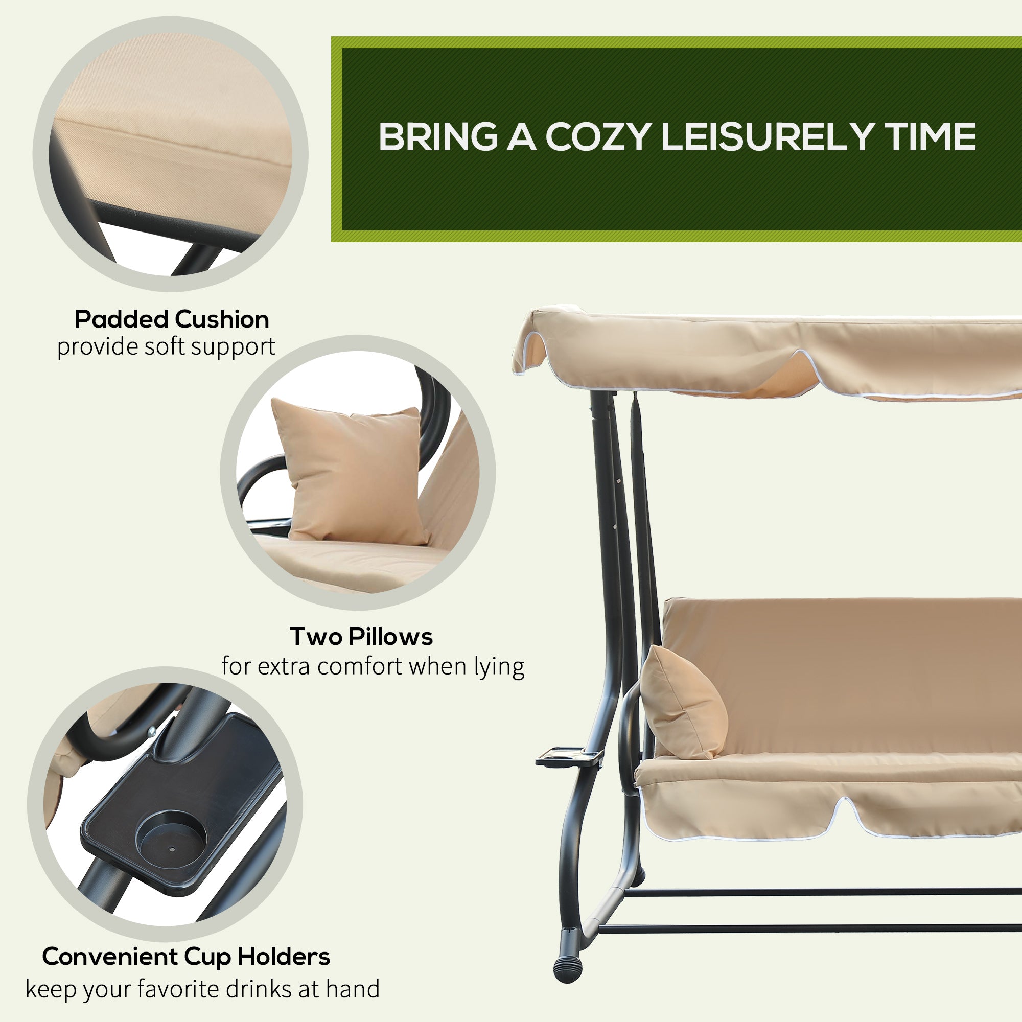 3-Seat Outdoor Patio Swing Chair, 2-in-1 Convertible Flat Bed, Canopy Swing with Adjustable Shade, Removable Cushions, Cup Holder, Beige