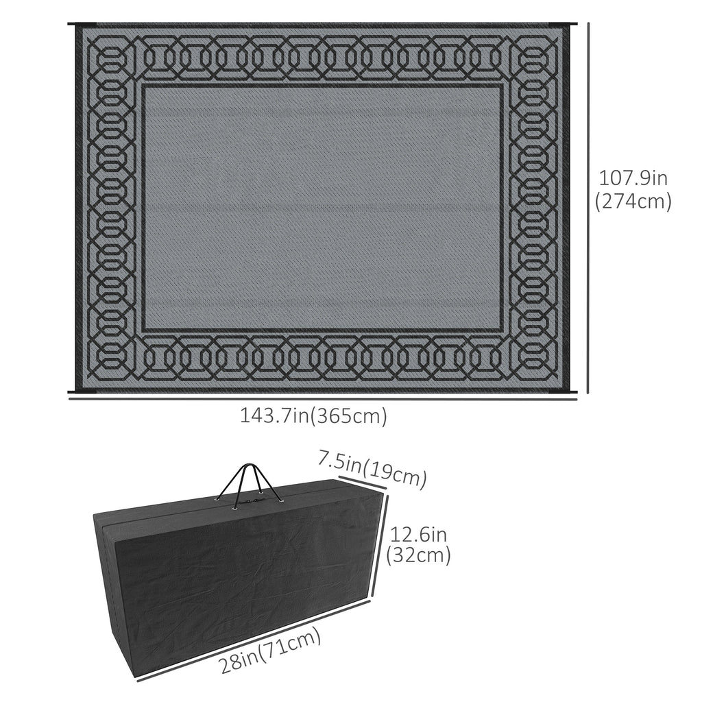 Portable Outdoor Rug with Carrying Bag, 9' x 12' Reversible Mat, Waterproof Plastic Straw RV Rug for Backyard, Deck, Picnic, Beach, Camping, Black and Grey
